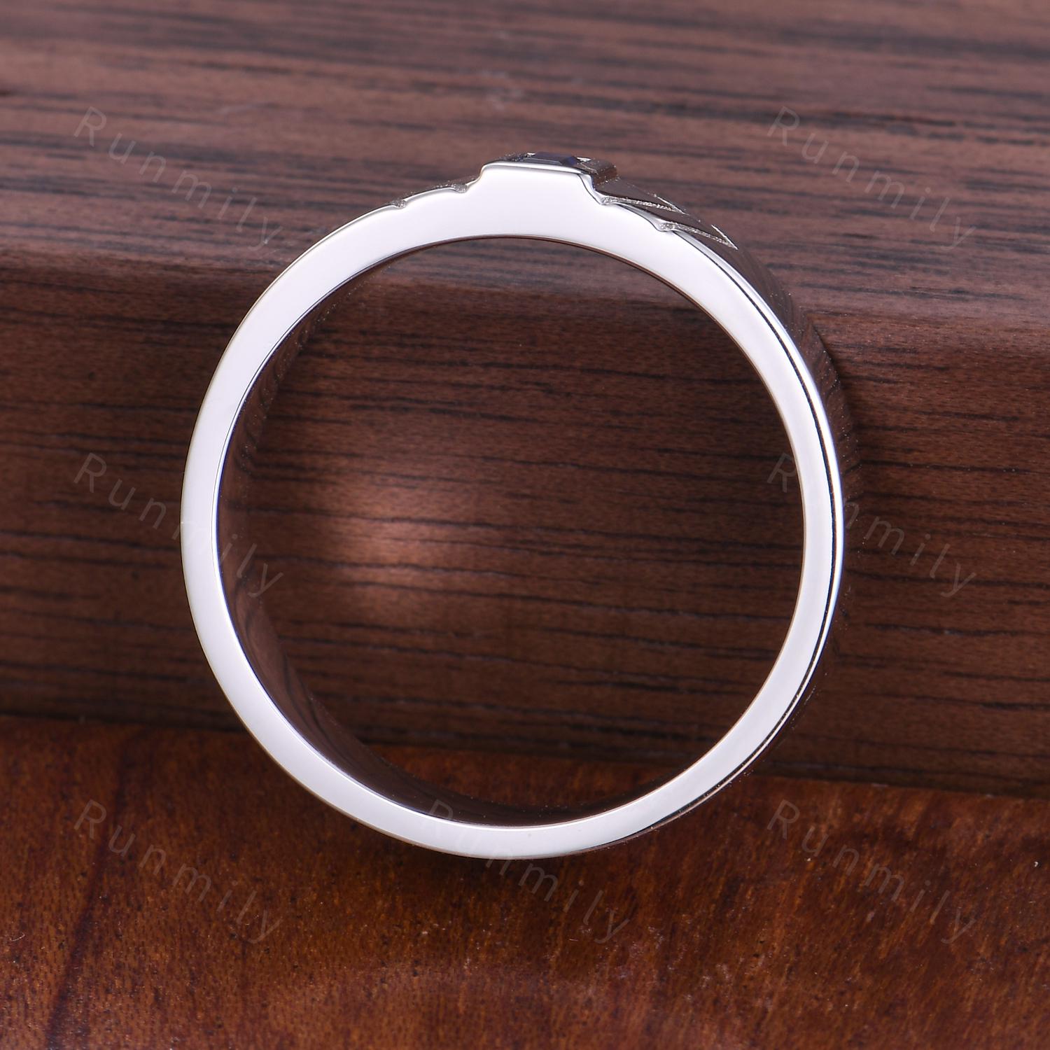 Baguette cut Blue Sapphire Wedding Band 5mm Men's Silver Ring Unique Mens Engagement Ring Band Retro Vintage Rings For Husband/Father