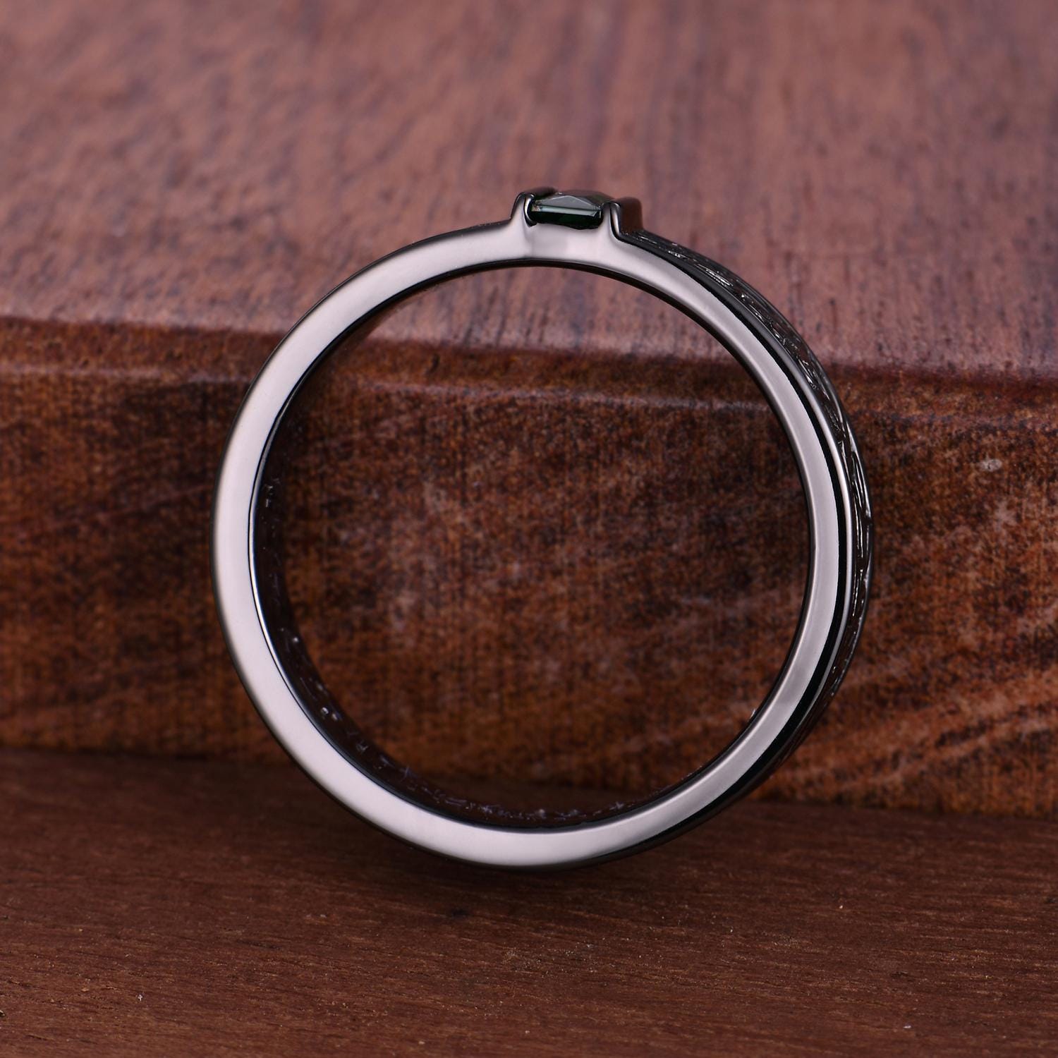 Black Rutilated Quartz Mens Wedding Band Gothic Baguette Cut Band Art Deco Leaf Design Unique Black Gold Mens Stacking Band Gift For Him