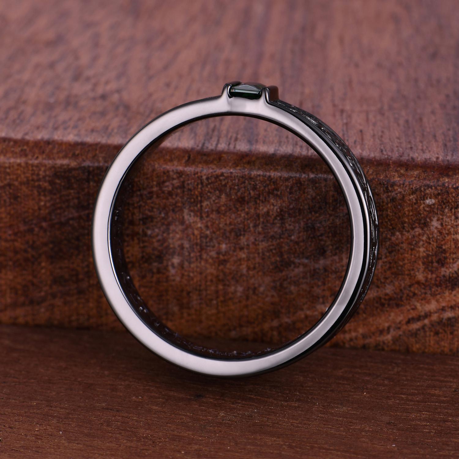 Mens Baguette Cut Blue Sapphire Wedding Band Art Deco Leaf Design Band Black Gold Unique Nature Inspired Stacking Band Retro Vintage Ring