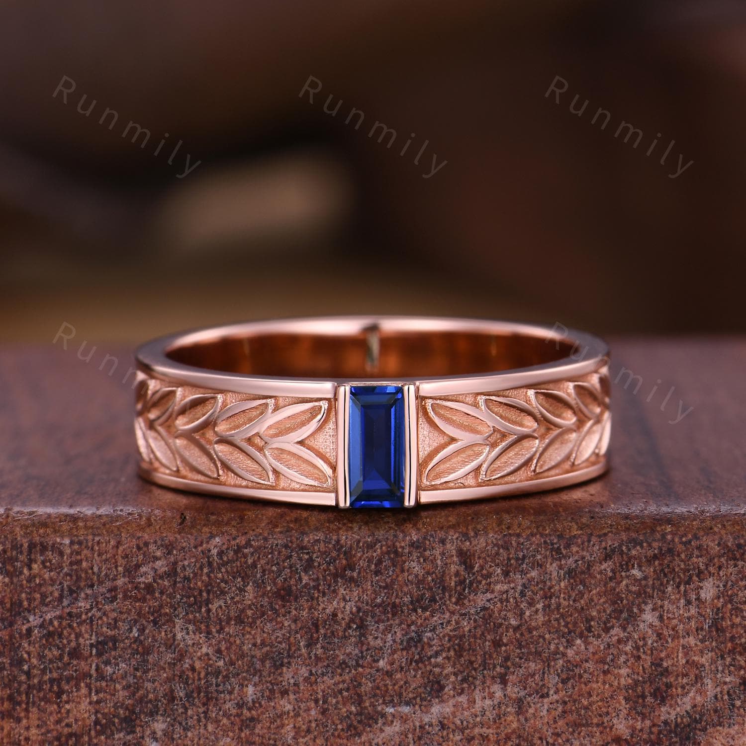 Blue Sapphire Mens Wedding Band Unique Baguette Cut Band 5mm Rose Gold Mens Vine Leaf Stacking Band Retro Vintage Ring Gift for Husband