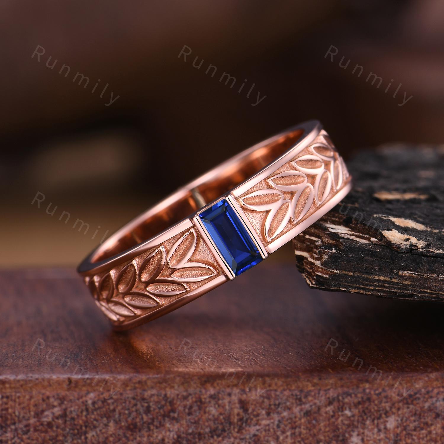 Blue Sapphire Mens Wedding Band Unique Baguette Cut Band 5mm Rose Gold Mens Vine Leaf Stacking Band Retro Vintage Ring Gift for Husband