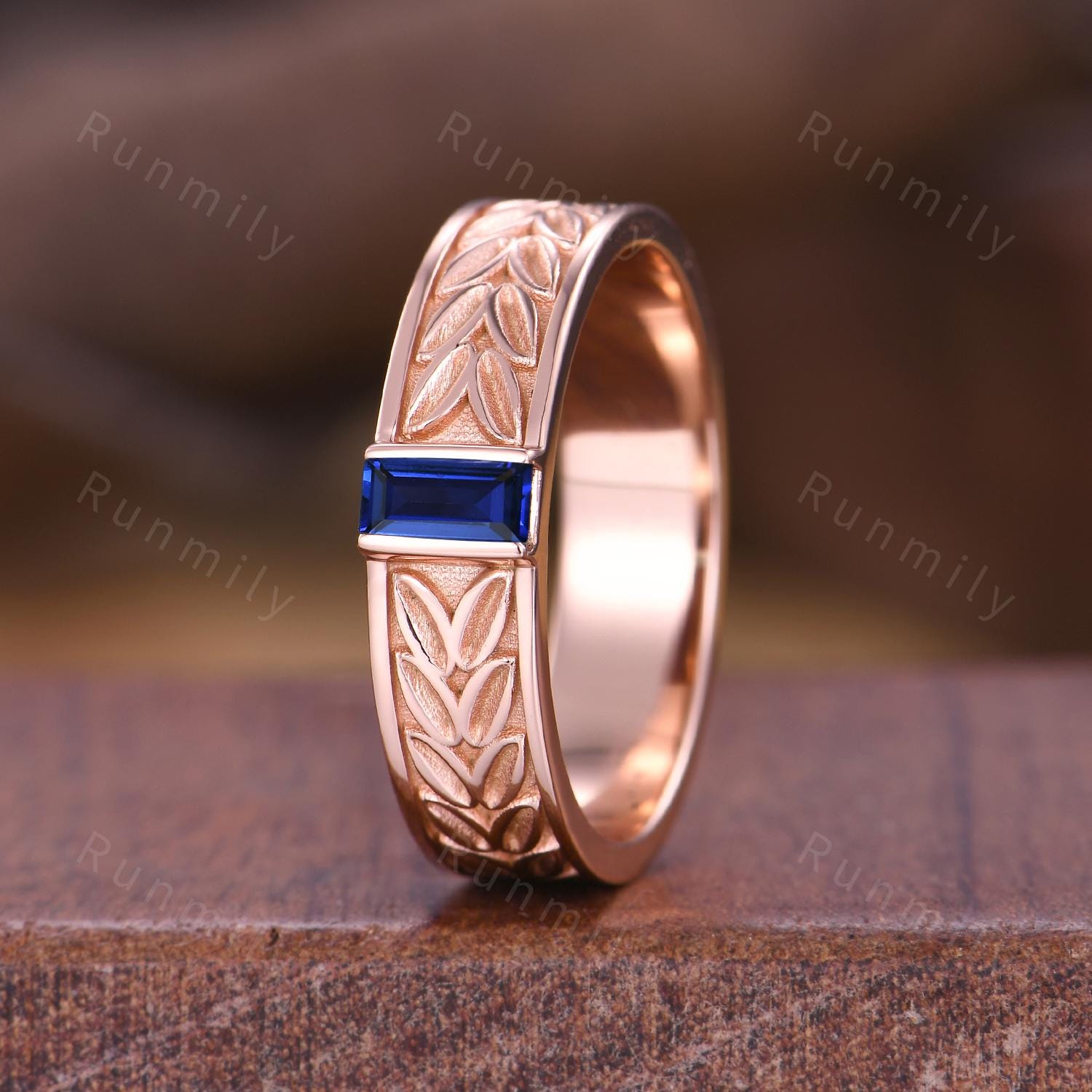 Blue Sapphire Mens Wedding Band Unique Baguette Cut Band 5mm Rose Gold Mens Vine Leaf Stacking Band Retro Vintage Ring Gift for Husband