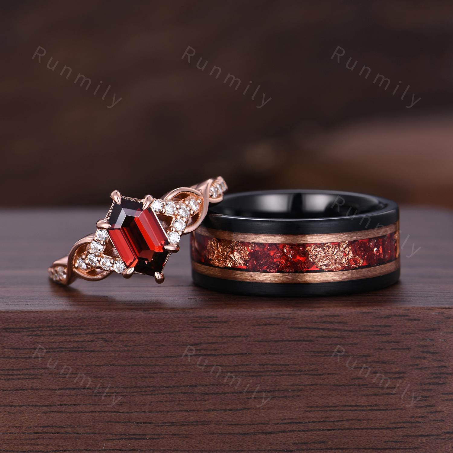 Vintage Garnet Couples Ring, Retro Hexagon Ring, Rose Gold Matching Ring Set, Red Garnet His And Hers Wedding Ring, Couple Promise Ring