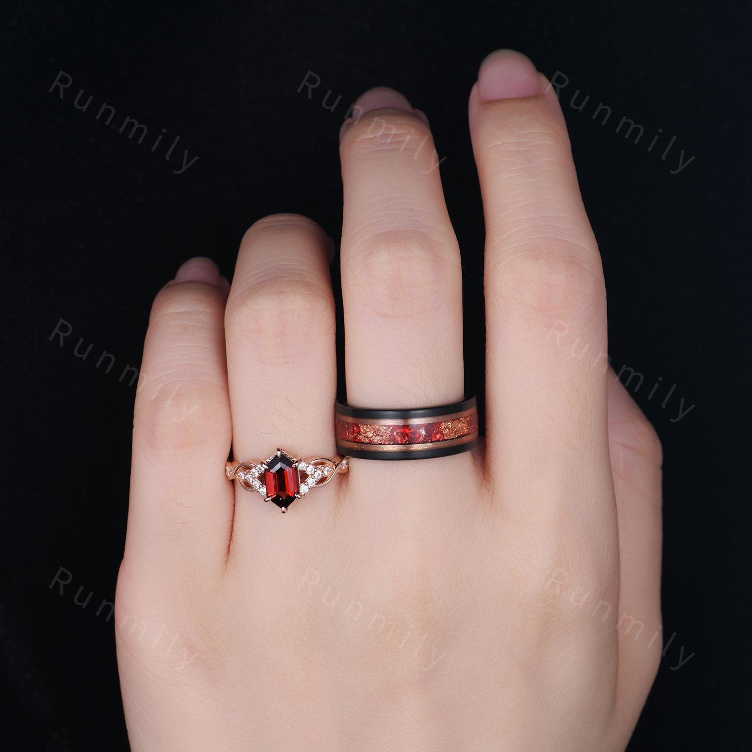 Vintage Garnet Couples Ring, Retro Hexagon Ring, Rose Gold Matching Ring Set, Red Garnet His And Hers Wedding Ring, Couple Promise Ring