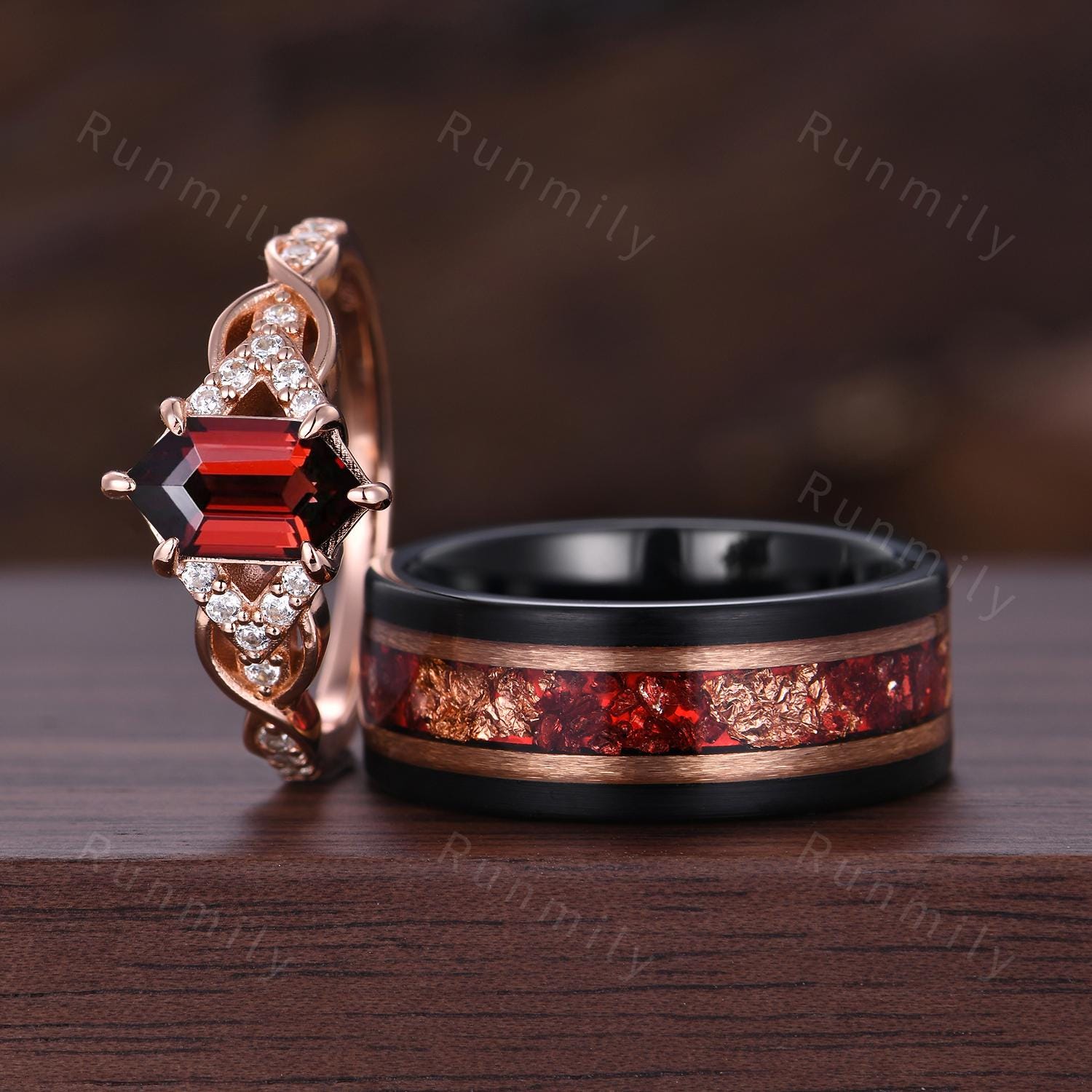 Vintage Garnet Couples Ring, Retro Hexagon Ring, Rose Gold Matching Ring Set, Red Garnet His And Hers Wedding Ring, Couple Promise Ring