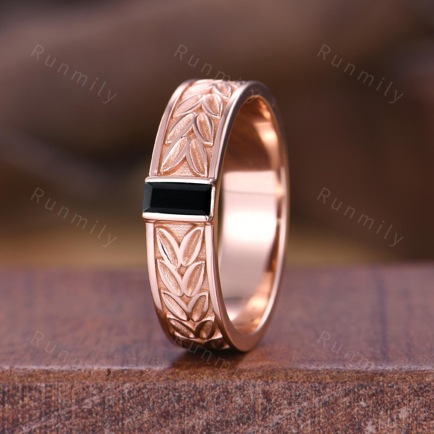 Retro Vintage Black Onyx Mens Wedding Band Baguette Cut Mens Wedding Band Rose Gold His Engagement Ring Band Leaf Style Ring Black Gemstone
