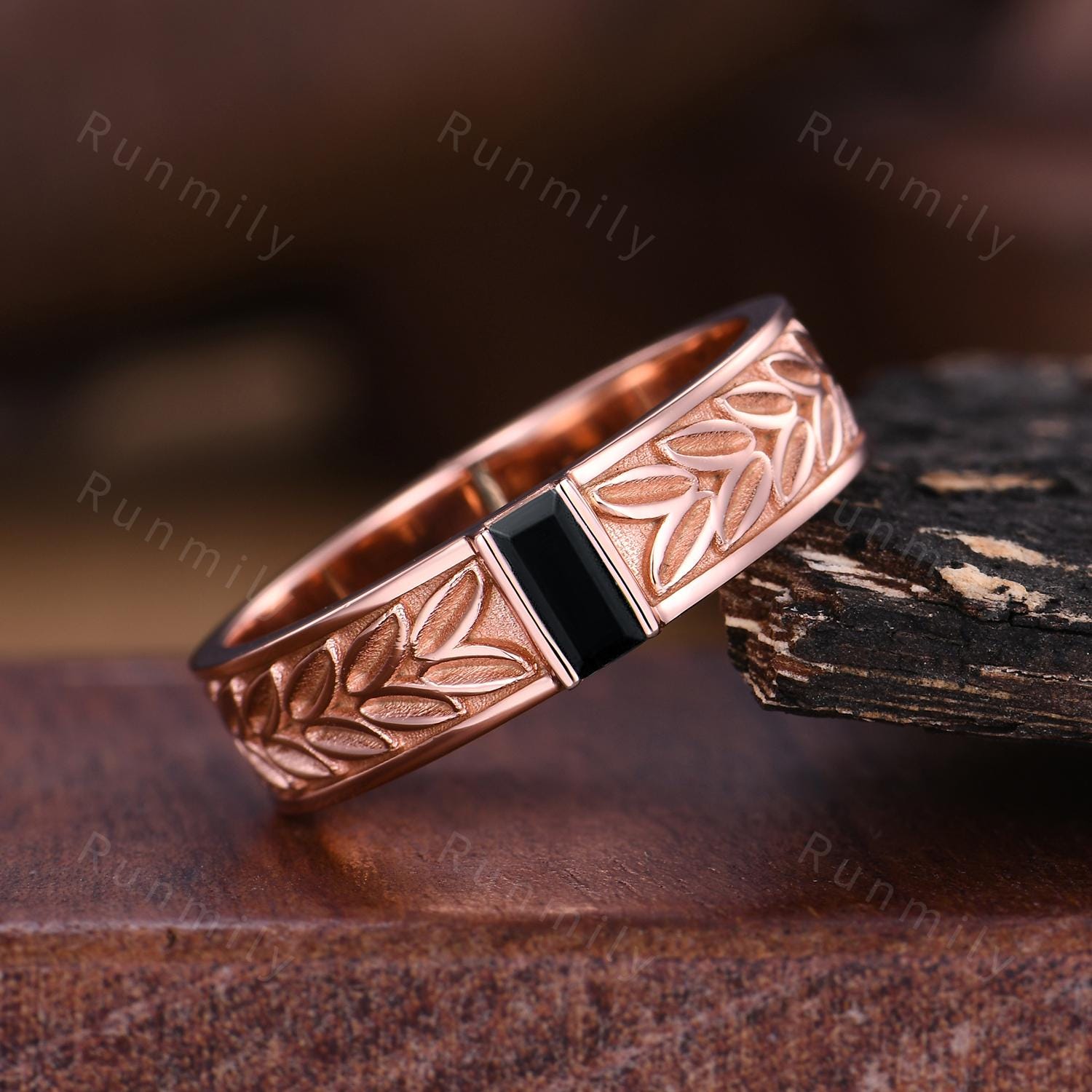 Retro Vintage Black Onyx Mens Wedding Band Baguette Cut Mens Wedding Band Rose Gold His Engagement Ring Band Leaf Style Ring Black Gemstone