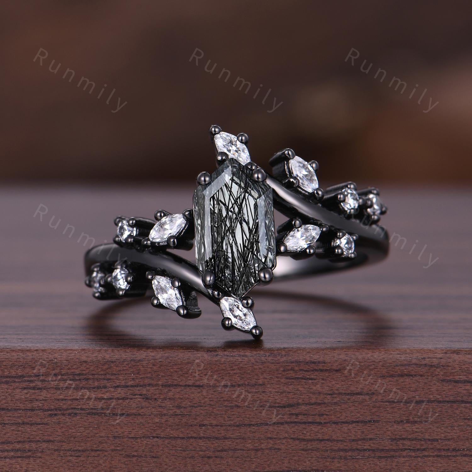 Gothic black rutilated quartz couples ring set vintage vine diamond cluster ring black gold His and Hers wedding band Mens engagement ring