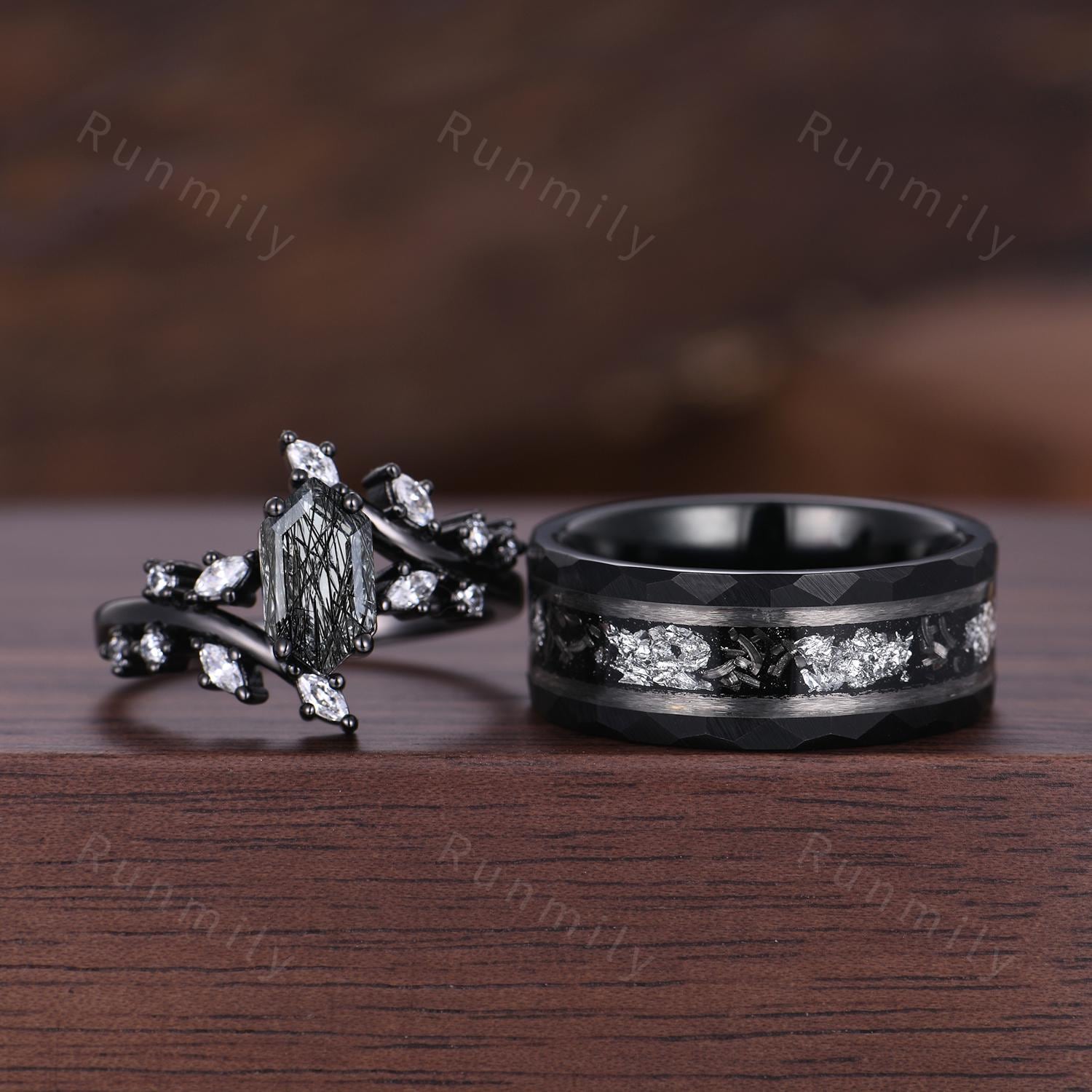 Gothic black rutilated quartz couples ring set vintage vine diamond cluster ring black gold His and Hers wedding band Mens engagement ring