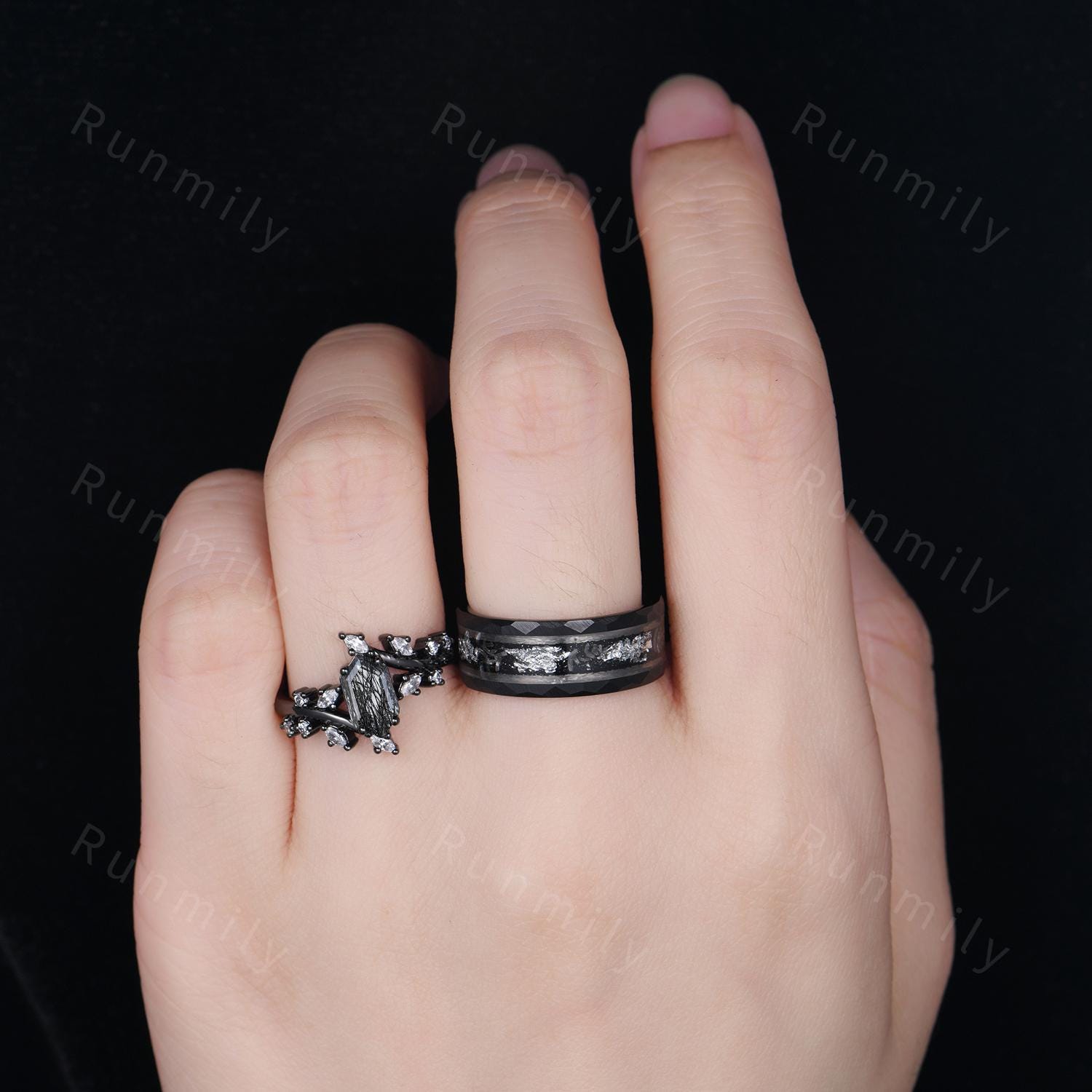 Gothic black rutilated quartz couples ring set vintage vine diamond cluster ring black gold His and Hers wedding band Mens engagement ring