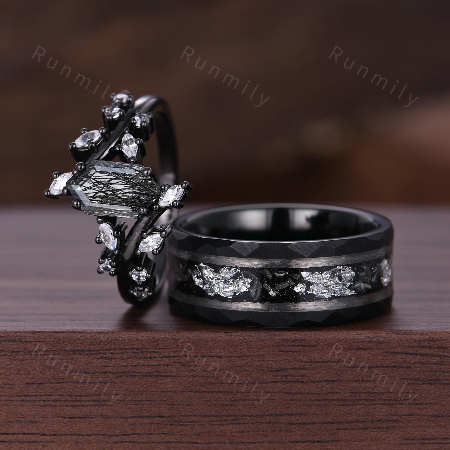 Gothic black rutilated quartz couples ring set vintage vine diamond cluster ring black gold His and Hers wedding band Mens engagement ring