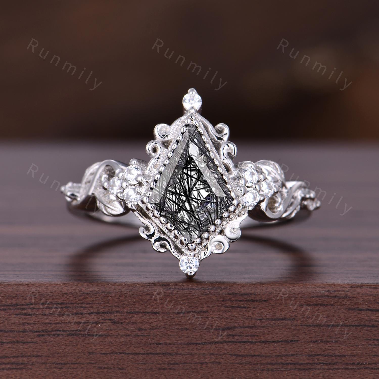 Antique Twig Black Rutilated Quartz Ring Sterling Silver Couples Matching Ring Set Unique His and Hers Wedding Band Vintage Rings For Couple