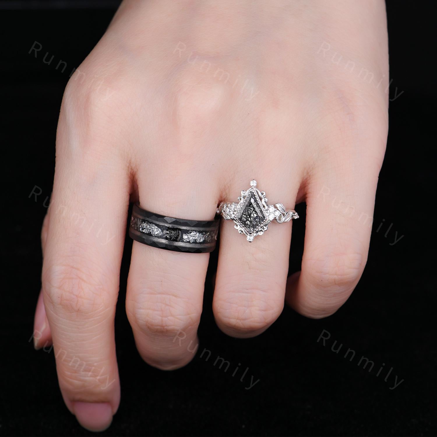 Antique Twig Black Rutilated Quartz Ring Sterling Silver Couples Matching Ring Set Unique His and Hers Wedding Band Vintage Rings For Couple