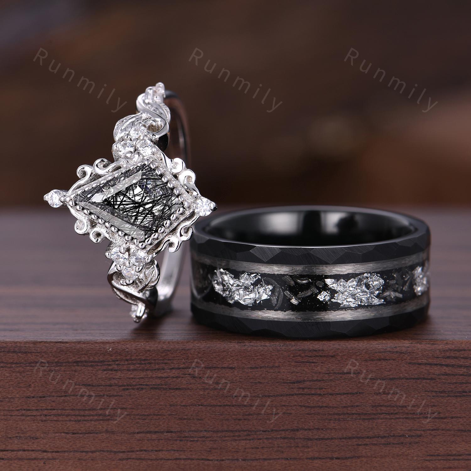 Antique Twig Black Rutilated Quartz Ring Sterling Silver Couples Matching Ring Set Unique His and Hers Wedding Band Vintage Rings For Couple