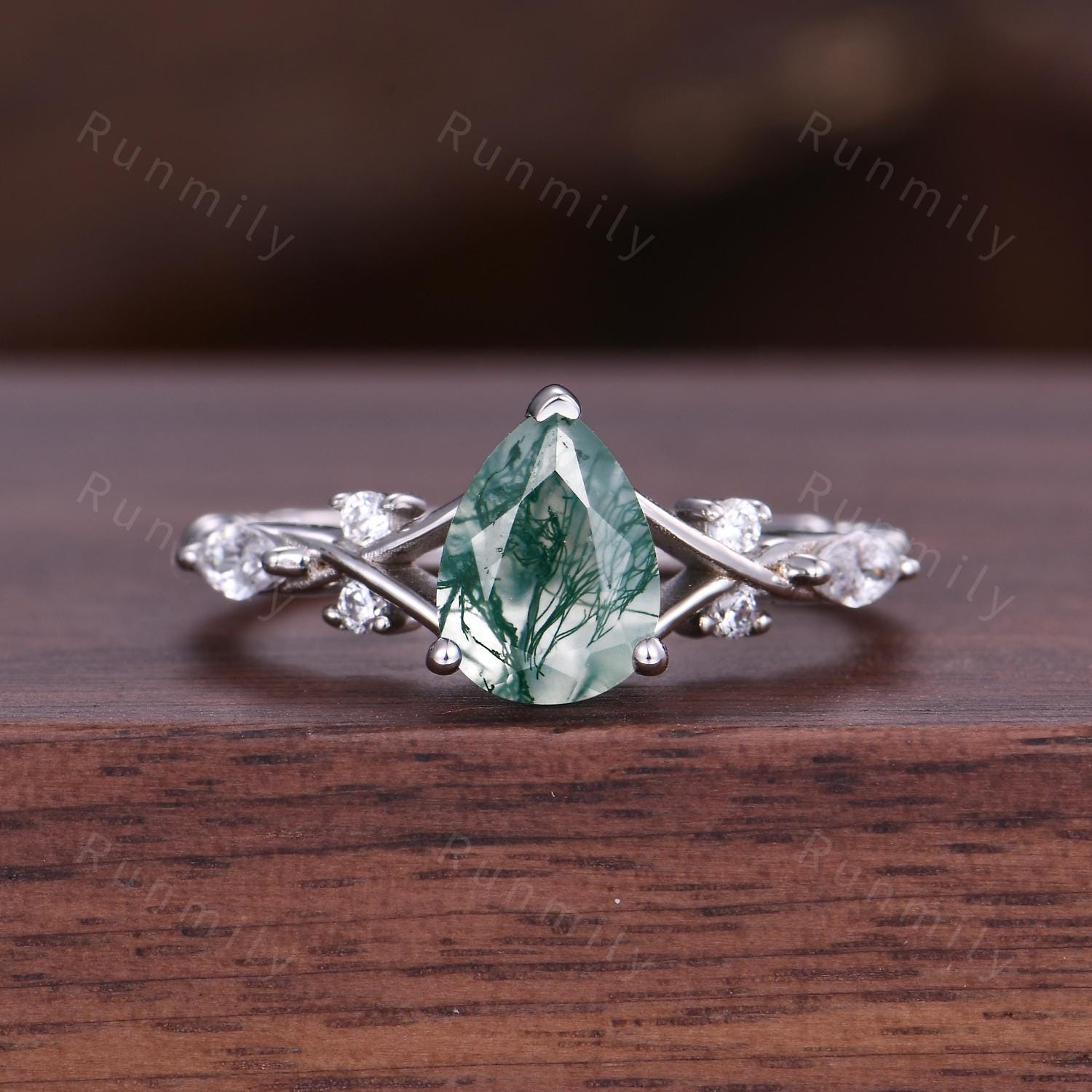 Pear Moss Agate Ring His and Hers Moss Agate Couples Ring Set Silver Matching Promise Rings Alternative Engagement Ring Mens Moss Agate Ring