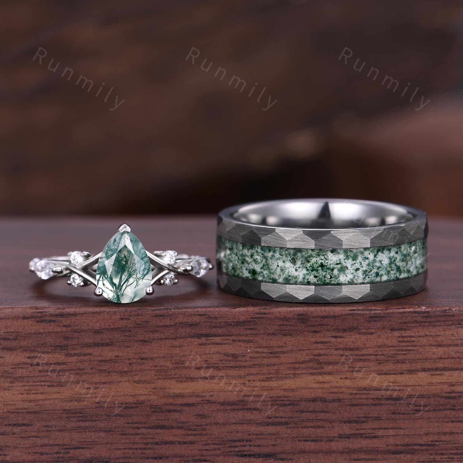 Pear Moss Agate Ring His and Hers Moss Agate Couples Ring Set Silver Matching Promise Rings Alternative Engagement Ring Mens Moss Agate Ring