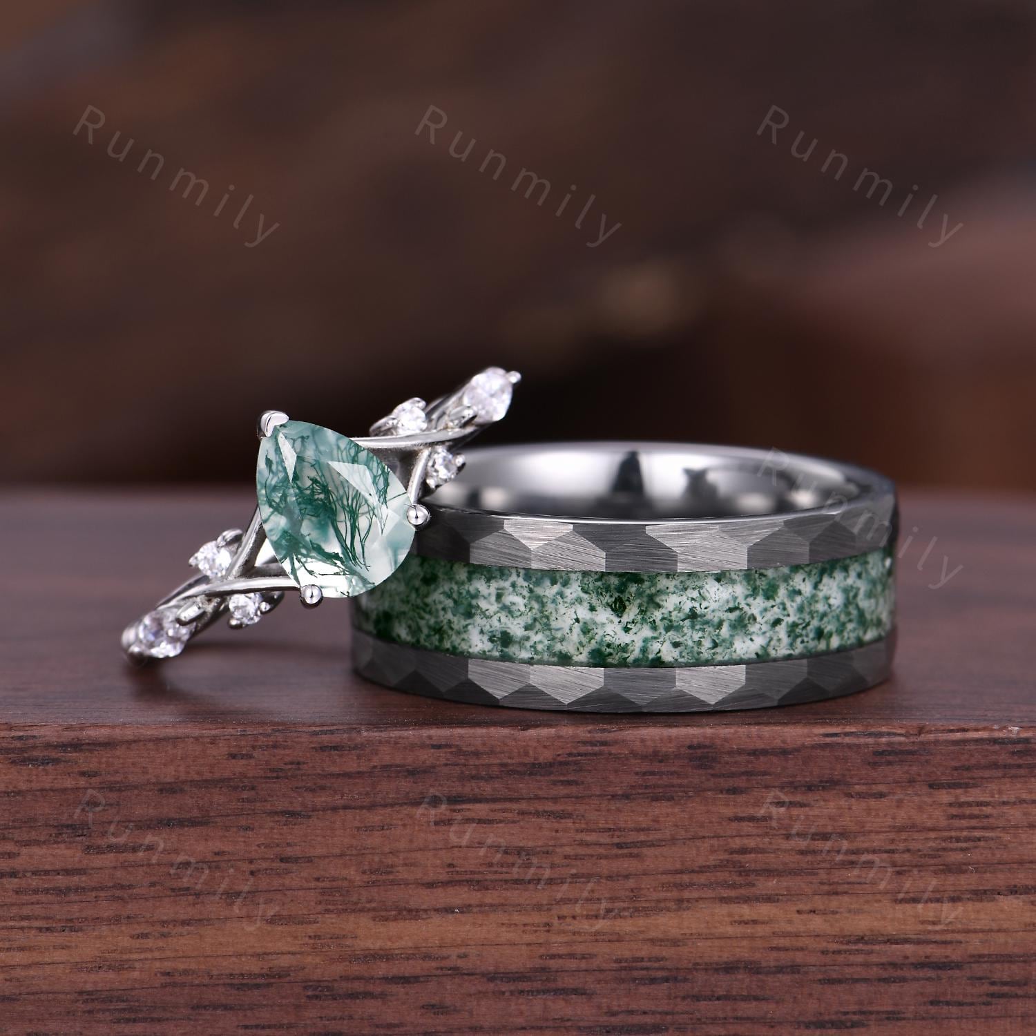 Pear Moss Agate Ring His and Hers Moss Agate Couples Ring Set Silver Matching Promise Rings Alternative Engagement Ring Mens Moss Agate Ring