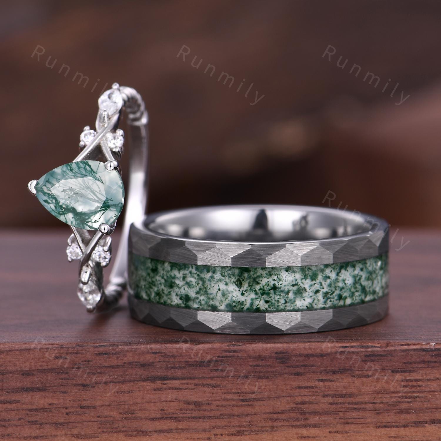 Pear Moss Agate Ring His and Hers Moss Agate Couples Ring Set Silver Matching Promise Rings Alternative Engagement Ring Mens Moss Agate Ring