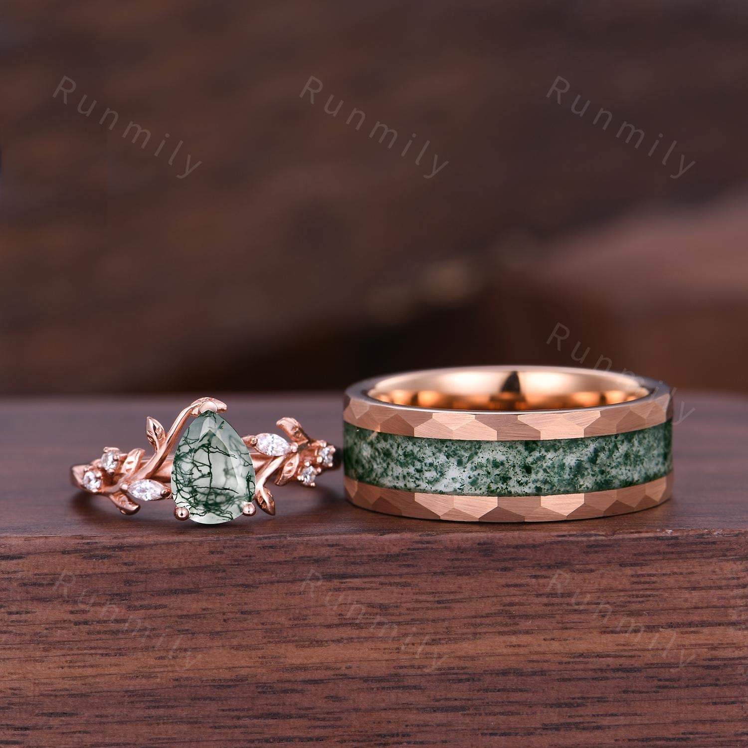 Nature Inspired Moss Agate Rings Vintage Mens Moss Agate Ring 2PCS His and Hers Couple Ring Set Matching Promise Rings Twig Leaf Ring