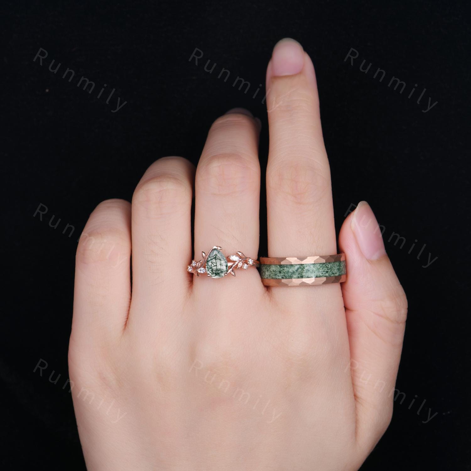 Nature Inspired Moss Agate Rings Vintage Mens Moss Agate Ring 2PCS His and Hers Couple Ring Set Matching Promise Rings Twig Leaf Ring