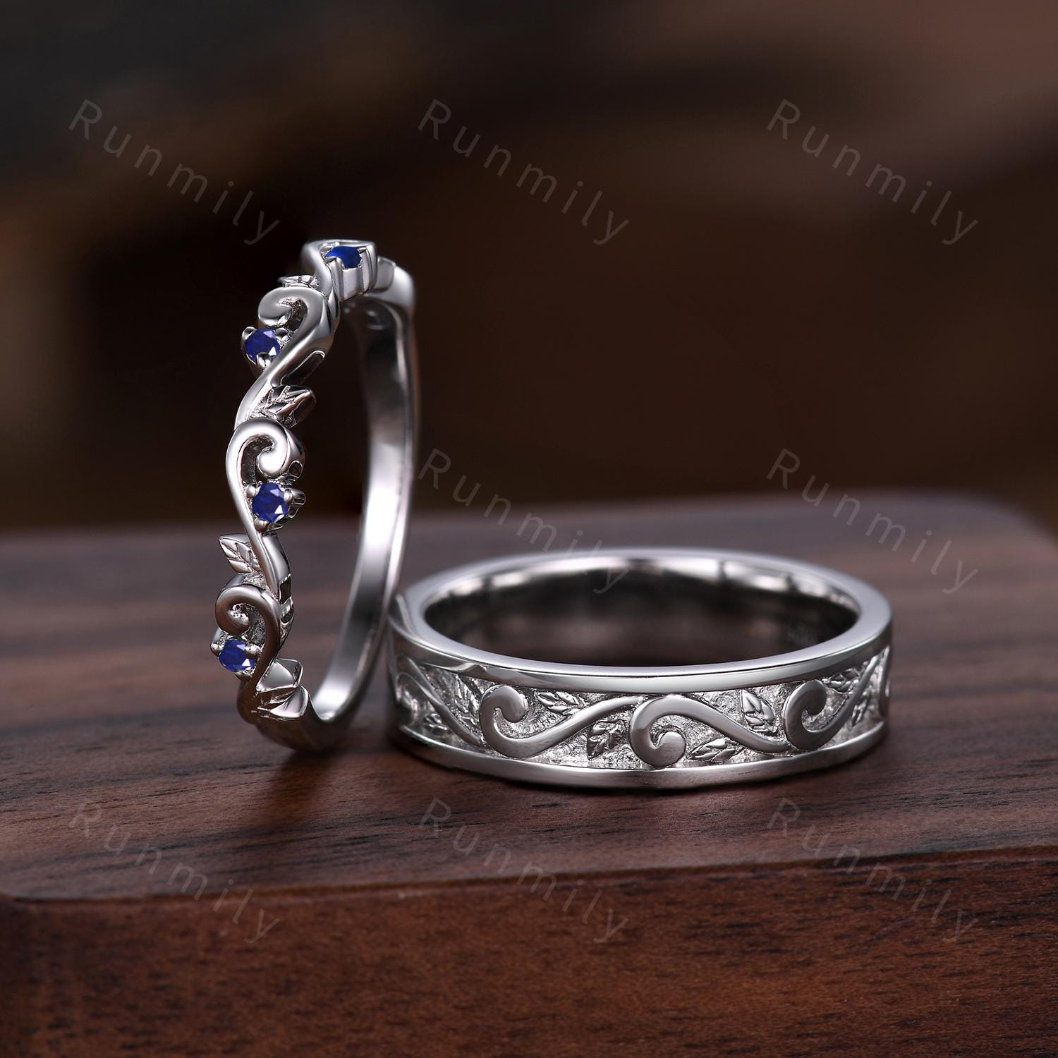 2pcs Couple Rings Set Inspired Leaf Blue Sapphire Engagement Rings For Women Vintage Leaf Band For Men Unique Wedding Anniversary Ring Set