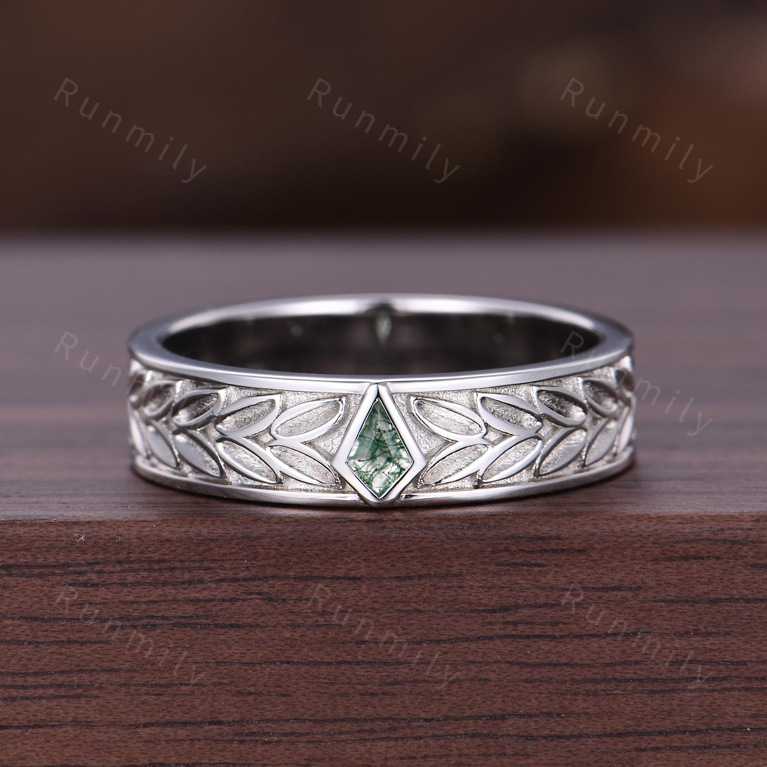 Kite Cut Couple Rings Set Inspired Leaf Moss Agate Engagement Rings For Women Antique Leaf Band For Men Unique Wedding Anniversary Ring Set
