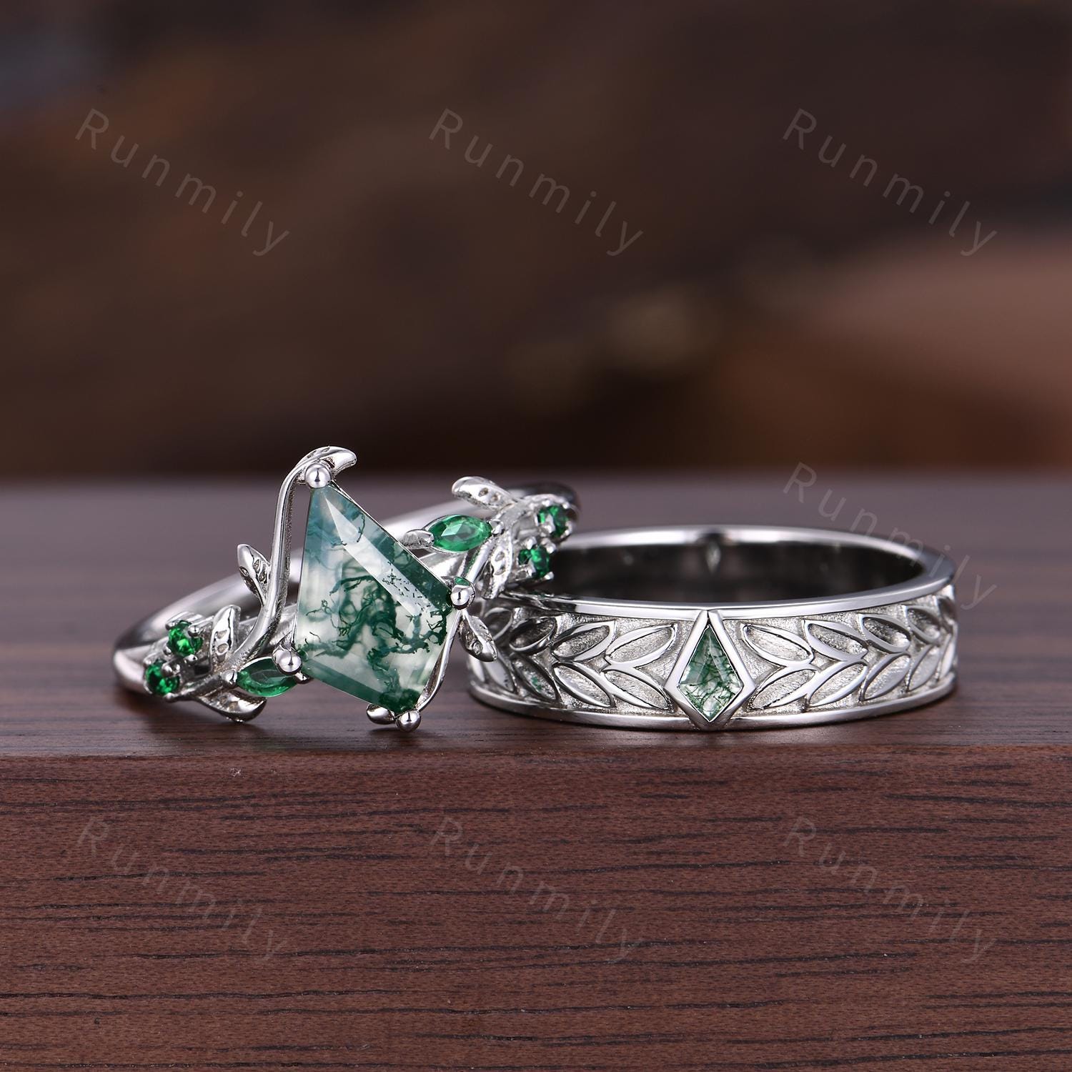 Kite Cut Couple Rings Set Inspired Leaf Moss Agate Engagement Rings For Women Antique Leaf Band For Men Unique Wedding Anniversary Ring Set