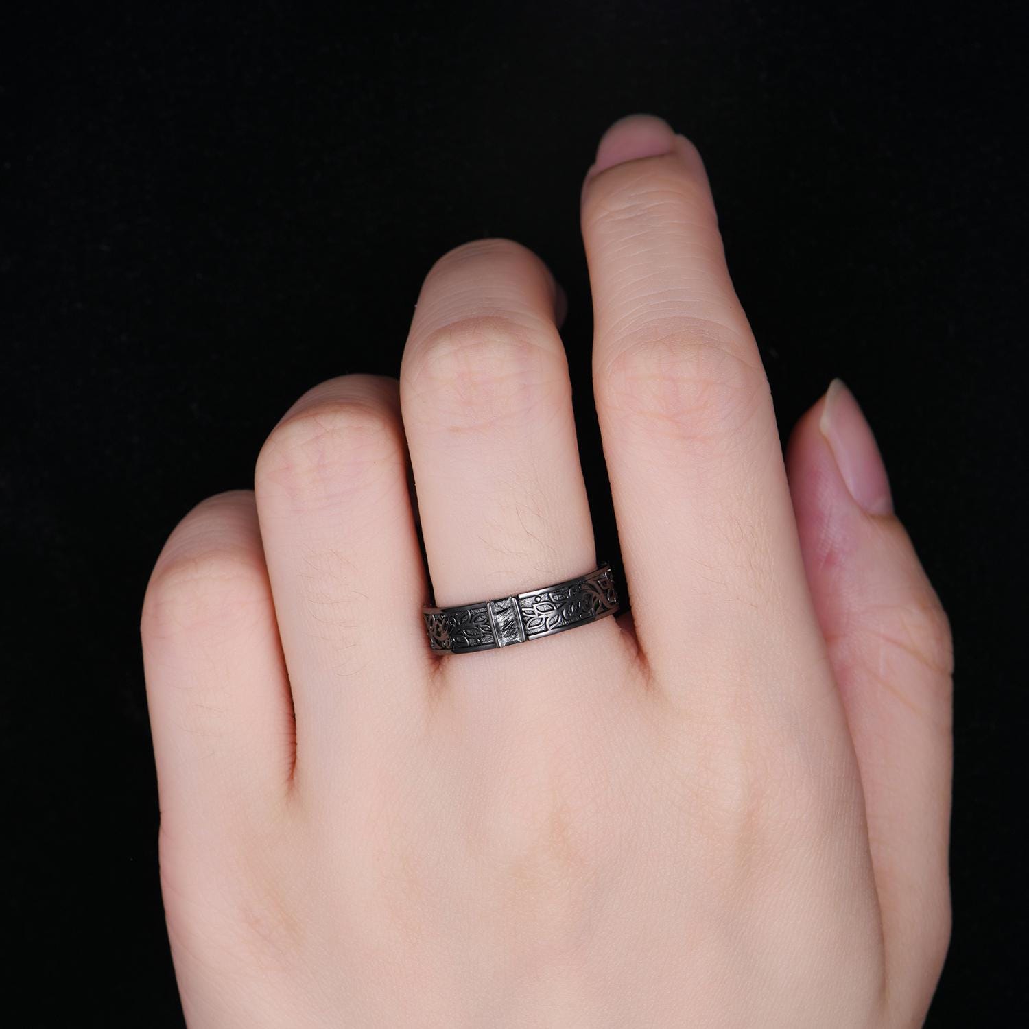 Black Rutilated Quartz Mens Wedding Band Gothic Baguette Cut Band Art Deco Leaf Design Unique Black Gold Mens Stacking Band Gift For Him