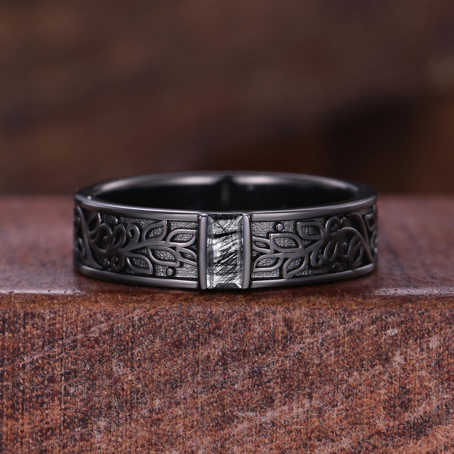 Black Rutilated Quartz Mens Wedding Band Gothic Baguette Cut Band Art Deco Leaf Design Unique Black Gold Mens Stacking Band Gift For Him