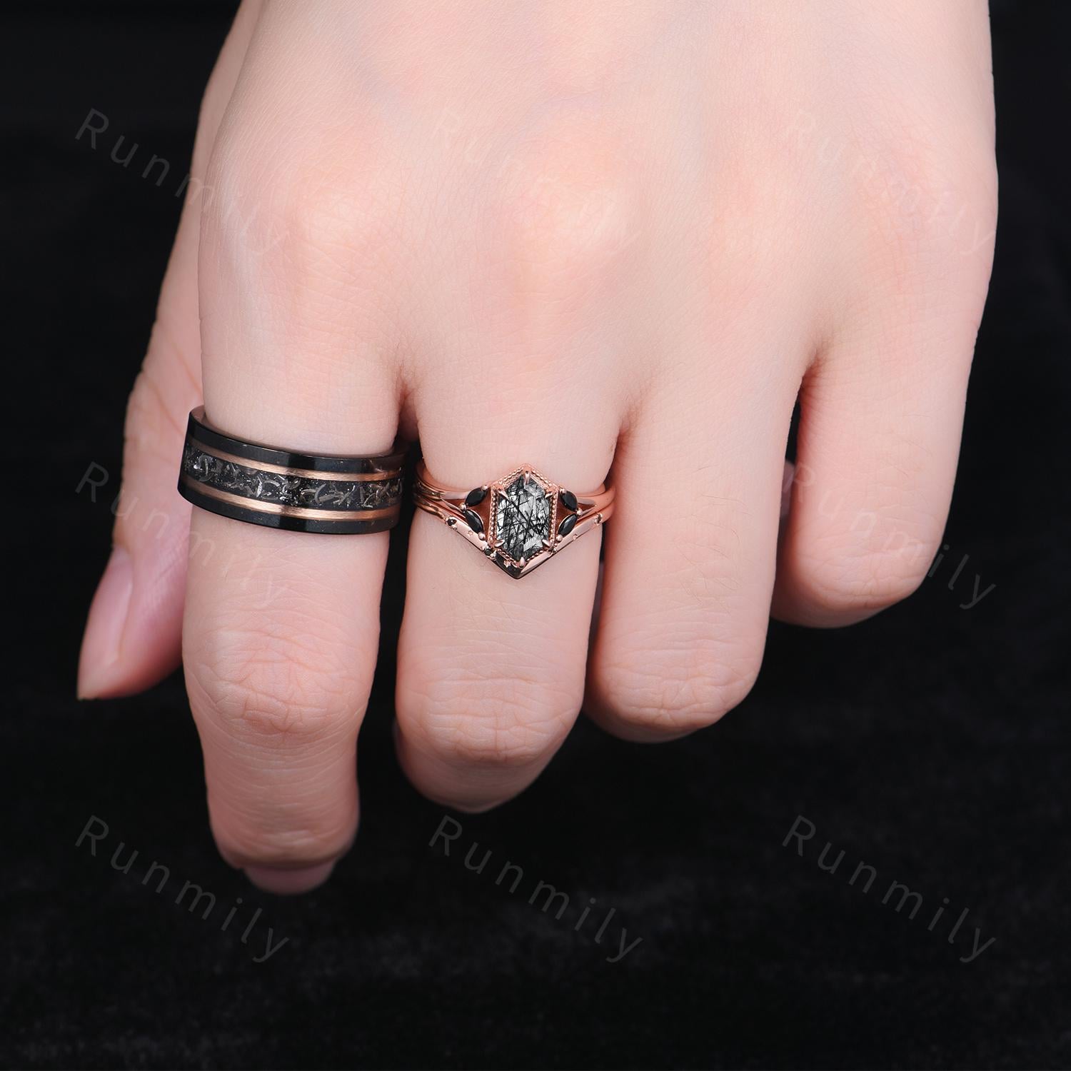 Black Rutilated Quartz, Meteorite Couples Ring Set- His and Hers Cosmic Wedding Bands Rose Gold/Tungsten Matching Promise Rings Gift