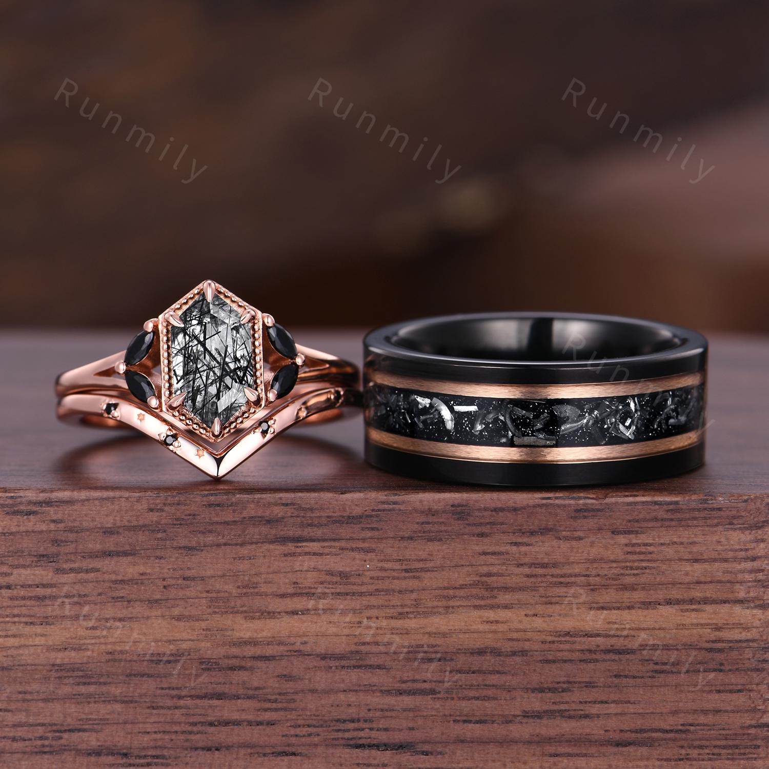 Black Rutilated Quartz, Meteorite Couples Ring Set- His and Hers Cosmic Wedding Bands Rose Gold/Tungsten Matching Promise Rings Gift
