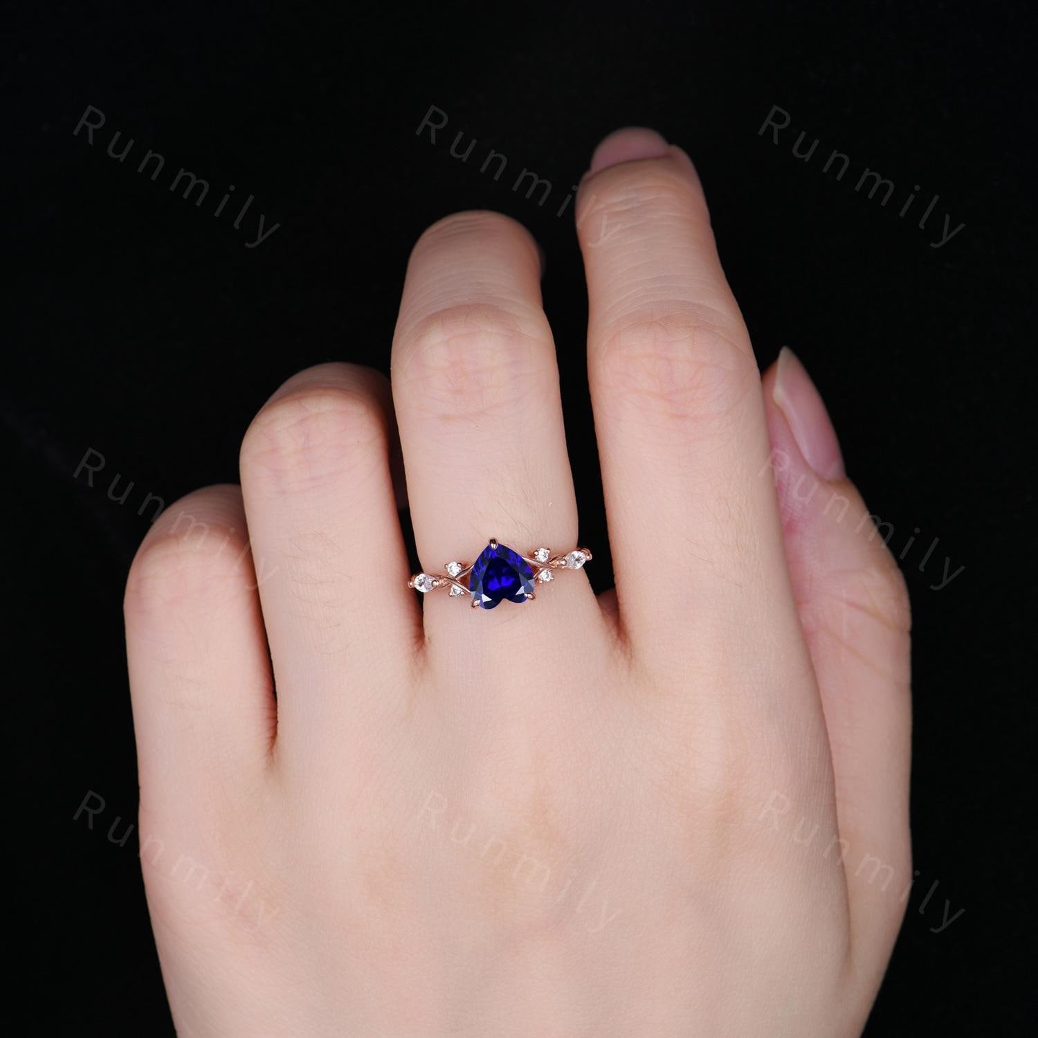 Heart shaped blue sapphire engagement ring vintage rose gold ring unique twig twisted moissanite wedding ring Romantic bridal promise ring