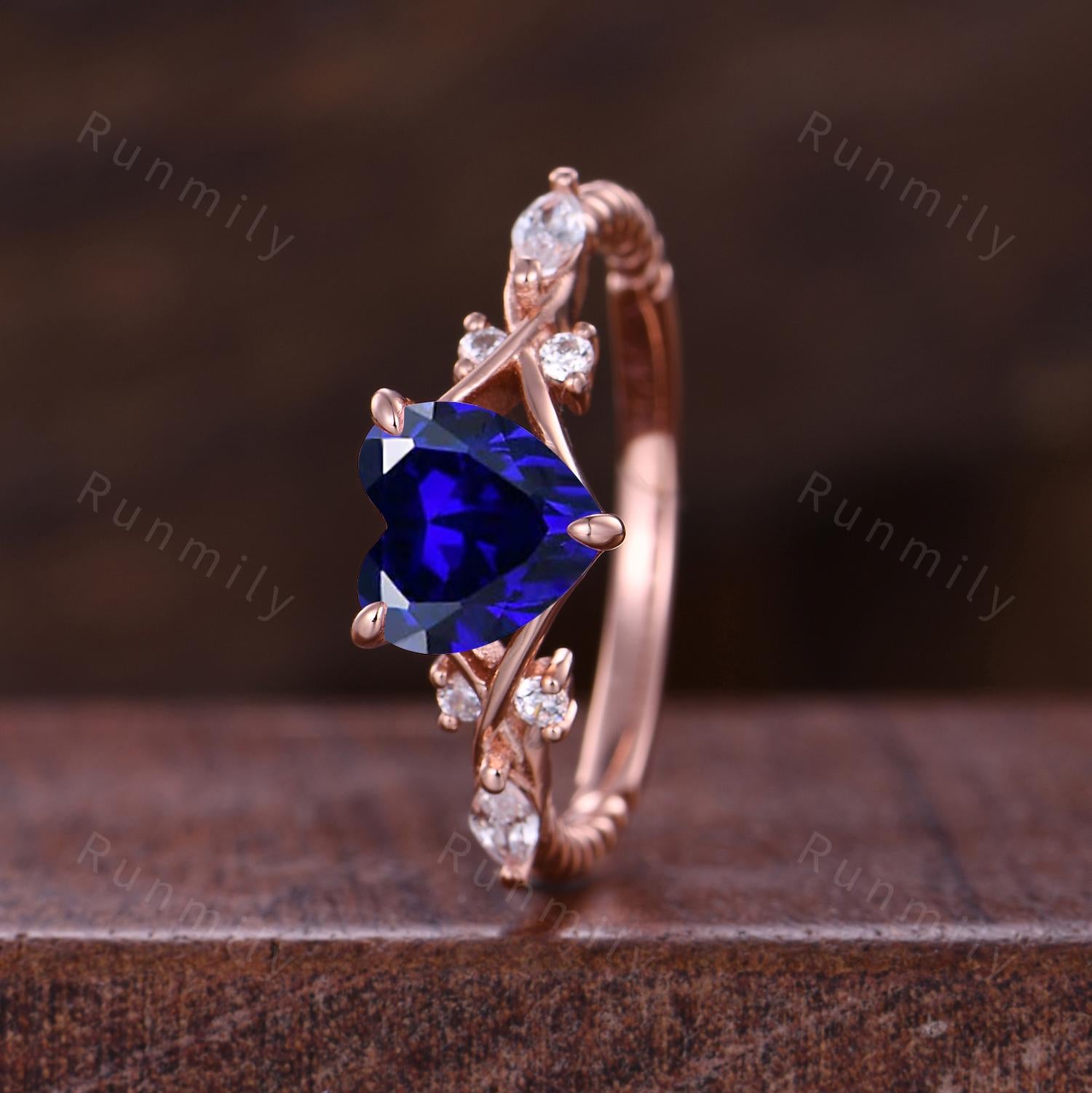 Heart shaped blue sapphire engagement ring vintage rose gold ring unique twig twisted moissanite wedding ring Romantic bridal promise ring