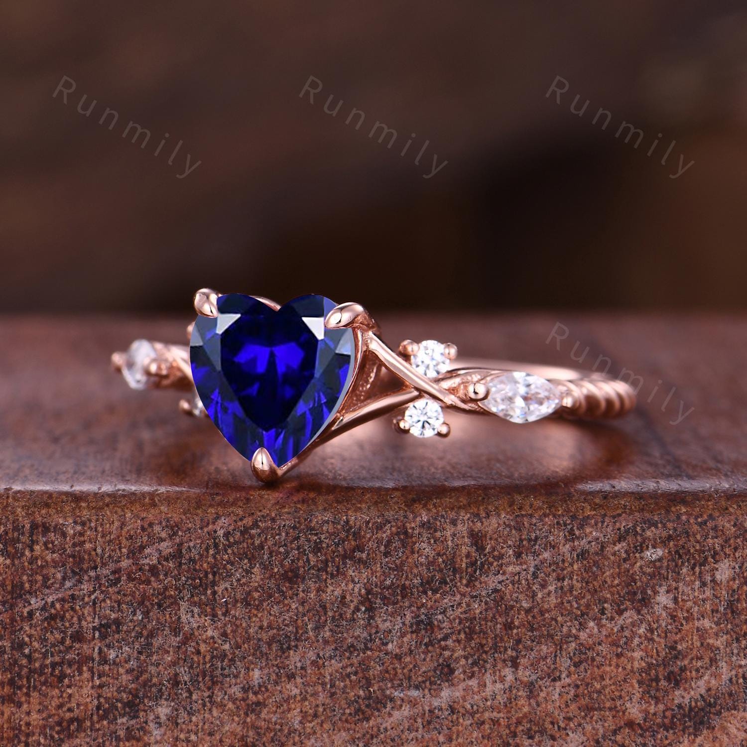 Heart shaped blue sapphire engagement ring vintage rose gold ring unique twig twisted moissanite wedding ring Romantic bridal promise ring