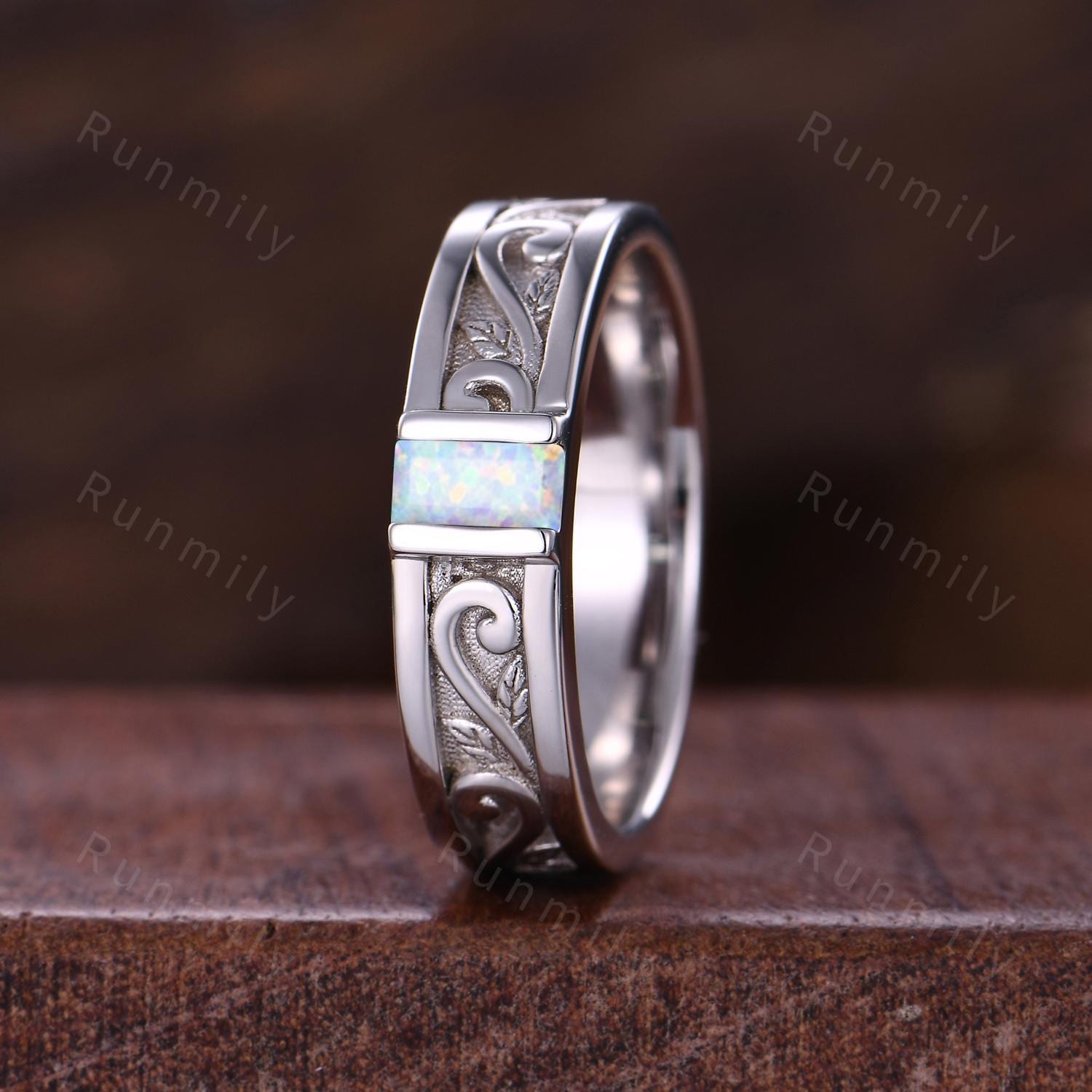 Vintage Mens White Opal Band Mens 5mm Wedding Band Baguette Cut Opal Band Mens Wave Leaf Stacking Matching Band October Gift For Husband