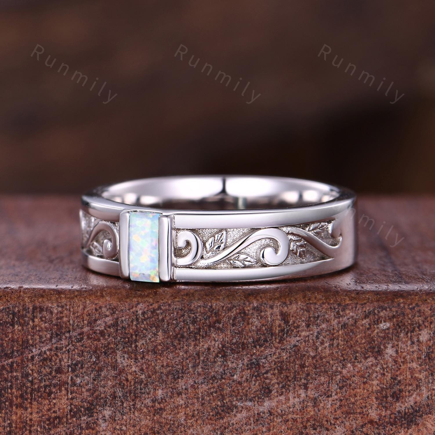 Vintage Mens White Opal Band Mens 5mm Wedding Band Baguette Cut Opal Band Mens Wave Leaf Stacking Matching Band October Gift For Husband