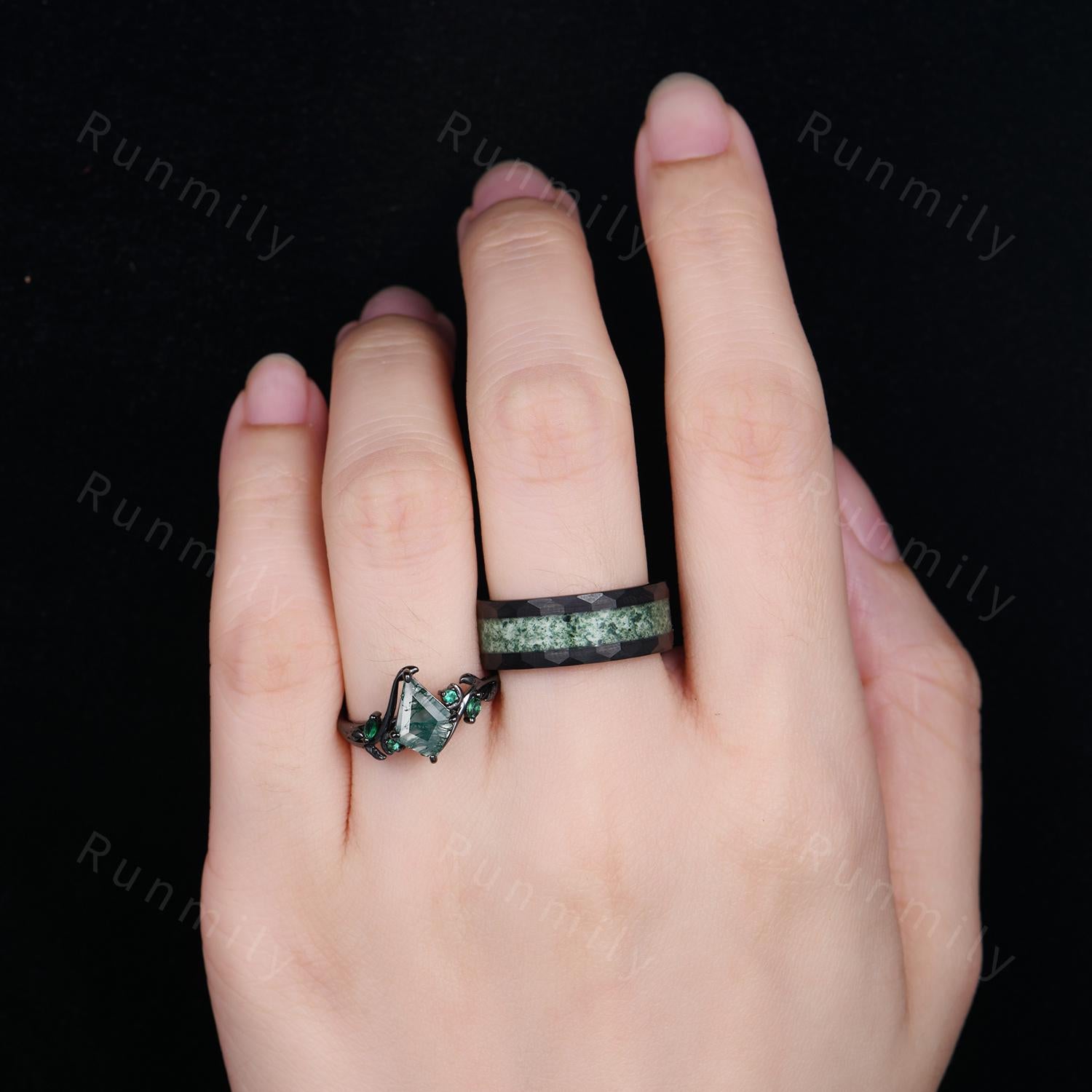Natural Moss Agate Couples Ring, His and Hers Moss Agate Ring Set, Matching Nature Inspired Promise Rings, Alternative Engagement Ring