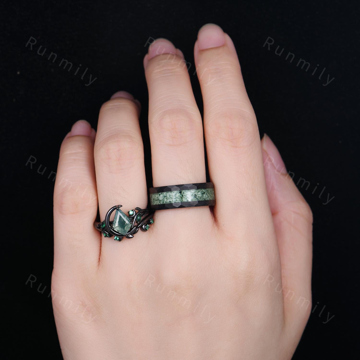 Nature inspired Moss Agate couples ring set gothic black gold His and Hers wedding band unique moon style ring Mens moss agate tungsten ring
