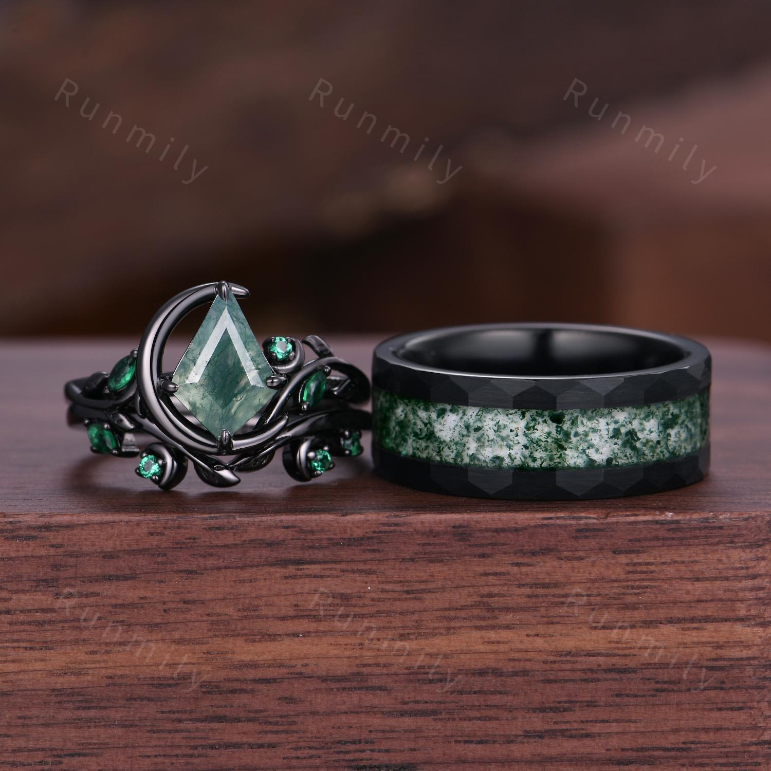 Nature inspired Moss Agate couples ring set gothic black gold His and Hers wedding band unique moon style ring Mens moss agate tungsten ring