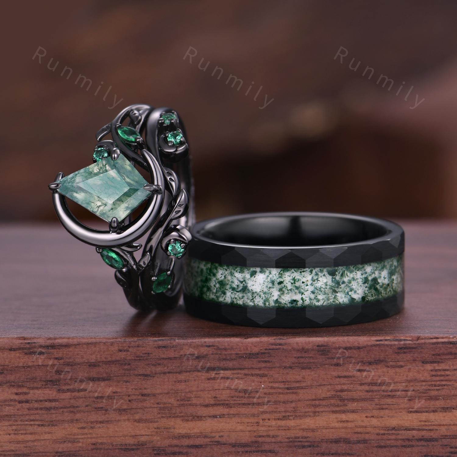 Nature inspired Moss Agate couples ring set gothic black gold His and Hers wedding band unique moon style ring Mens moss agate tungsten ring