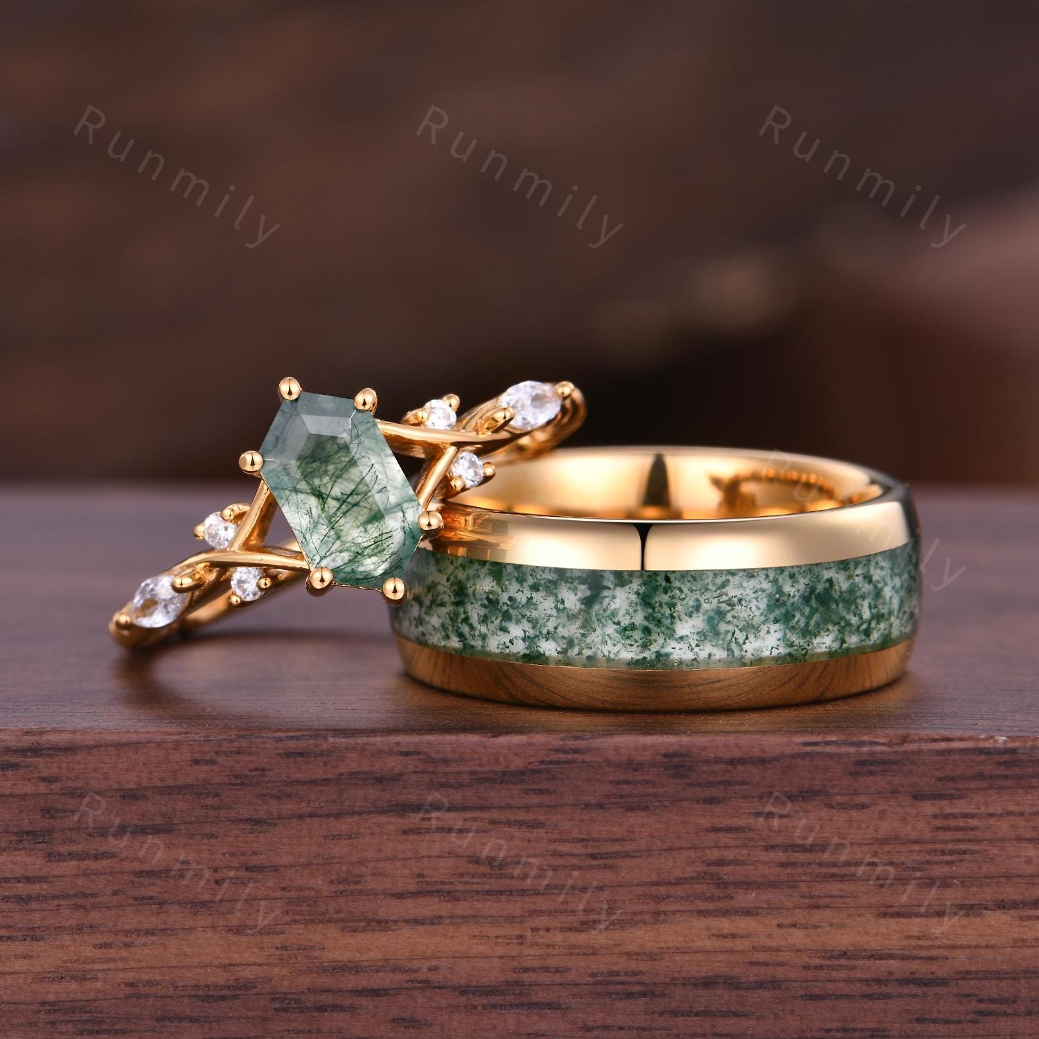 Vintage Natural Moss Agate Couples Ring Yellow Gold Matching Ring Set His And Hers Wedding Band Tungsten Gold Ring Moss Agate Promise Rings