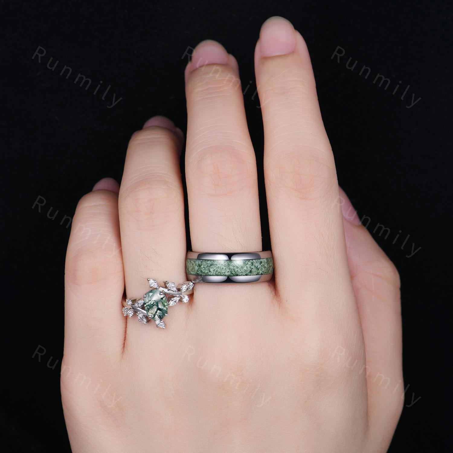 Natural Moss Agate Promise Rings Vintage Vine Diamond Ring Sterling Silver His and Hers Wedding Band Mens Moss Agate Ring Couples Ring Set