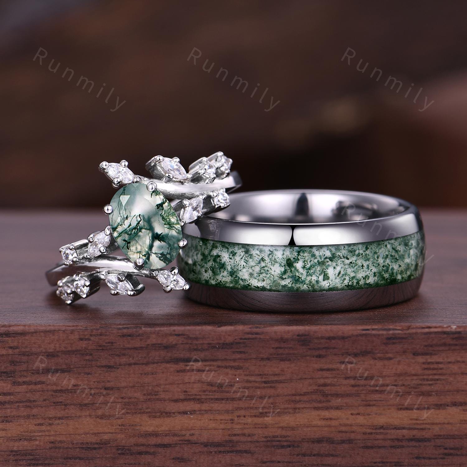 Natural Moss Agate Promise Rings Vintage Vine Diamond Ring Sterling Silver His and Hers Wedding Band Mens Moss Agate Ring Couples Ring Set