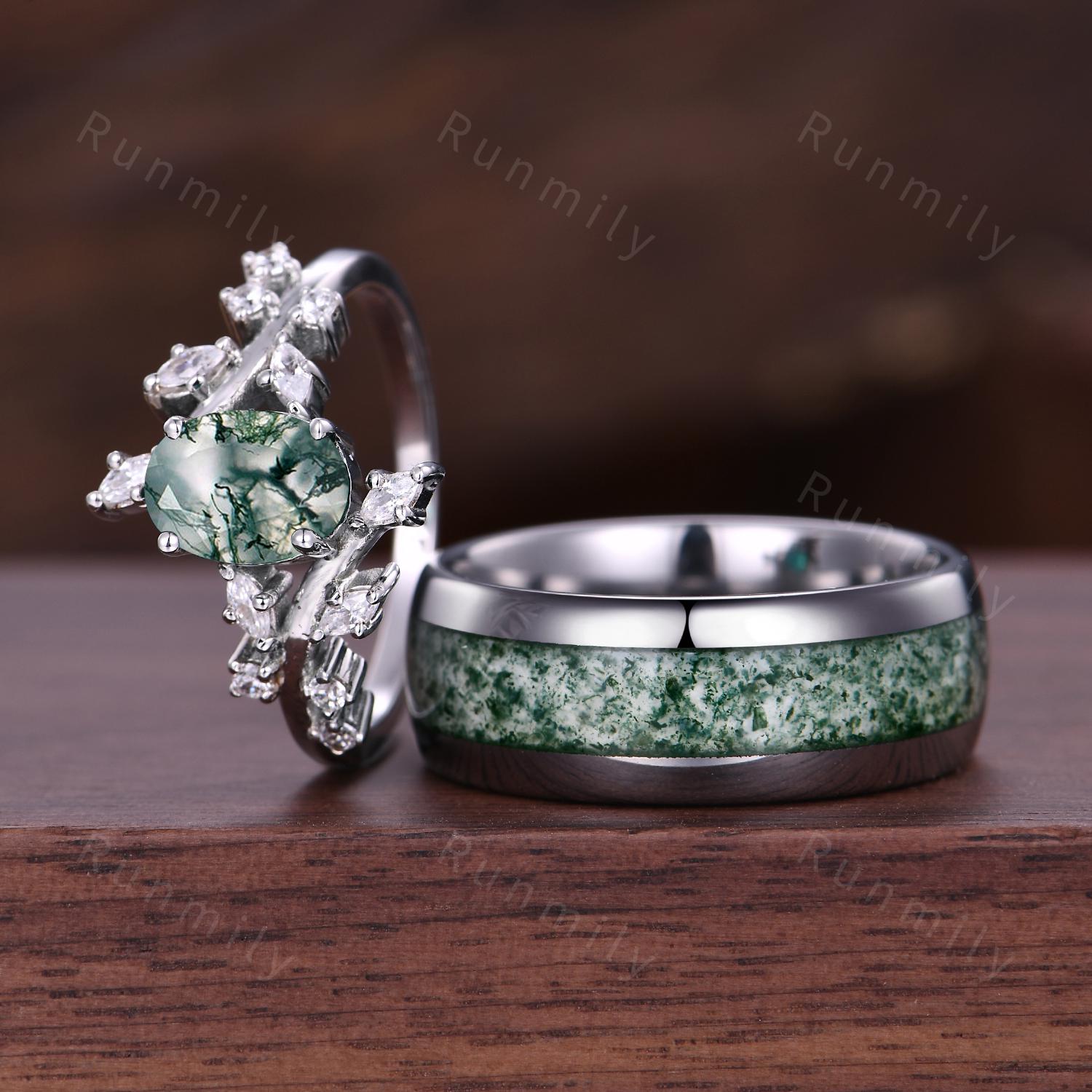Natural Moss Agate Promise Rings Vintage Vine Diamond Ring Sterling Silver His and Hers Wedding Band Mens Moss Agate Ring Couples Ring Set