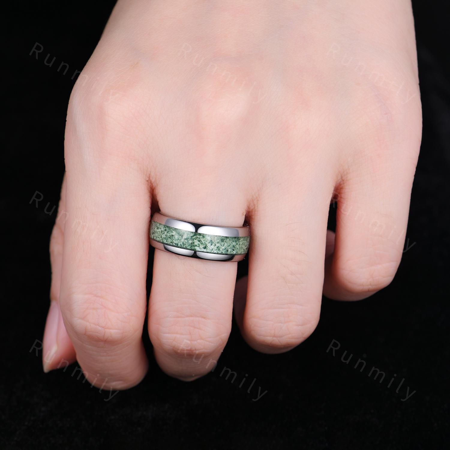 Natural Moss Agate Promise Rings Vintage Vine Diamond Ring Sterling Silver His and Hers Wedding Band Mens Moss Agate Ring Couples Ring Set