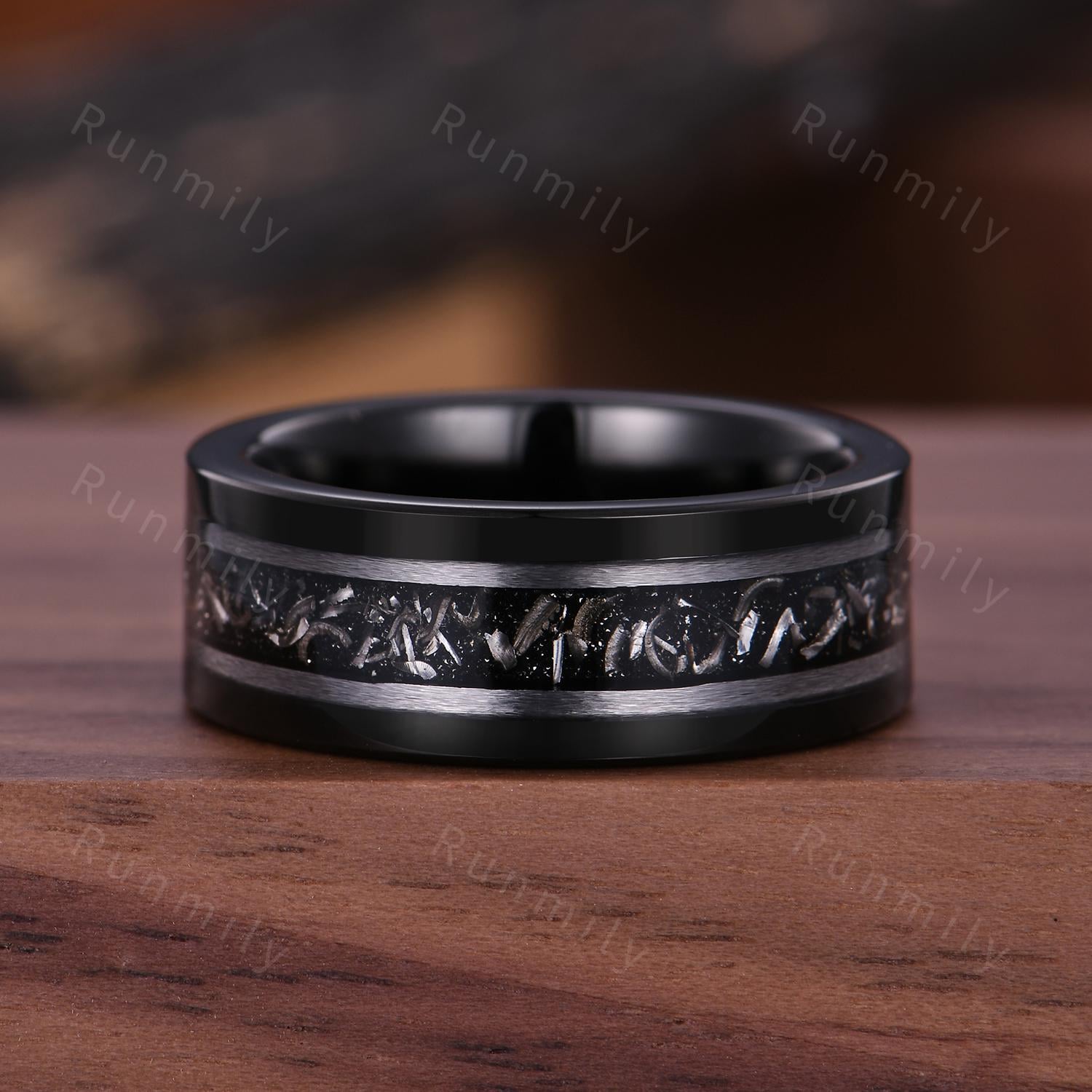 Vintage Hexagon Black Onyx Couples Ring Set Double Curved Diamond Band His and Hers Wedding Band Mens Meteorite Ring Promise Ring For Couple