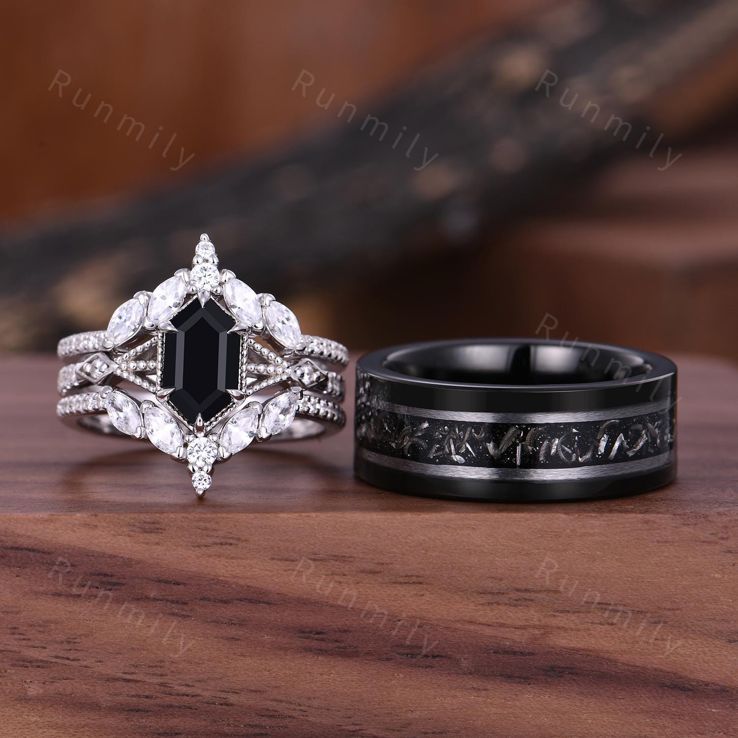 Vintage Hexagon Black Onyx Couples Ring Set Double Curved Diamond Band His and Hers Wedding Band Mens Meteorite Ring Promise Ring For Couple