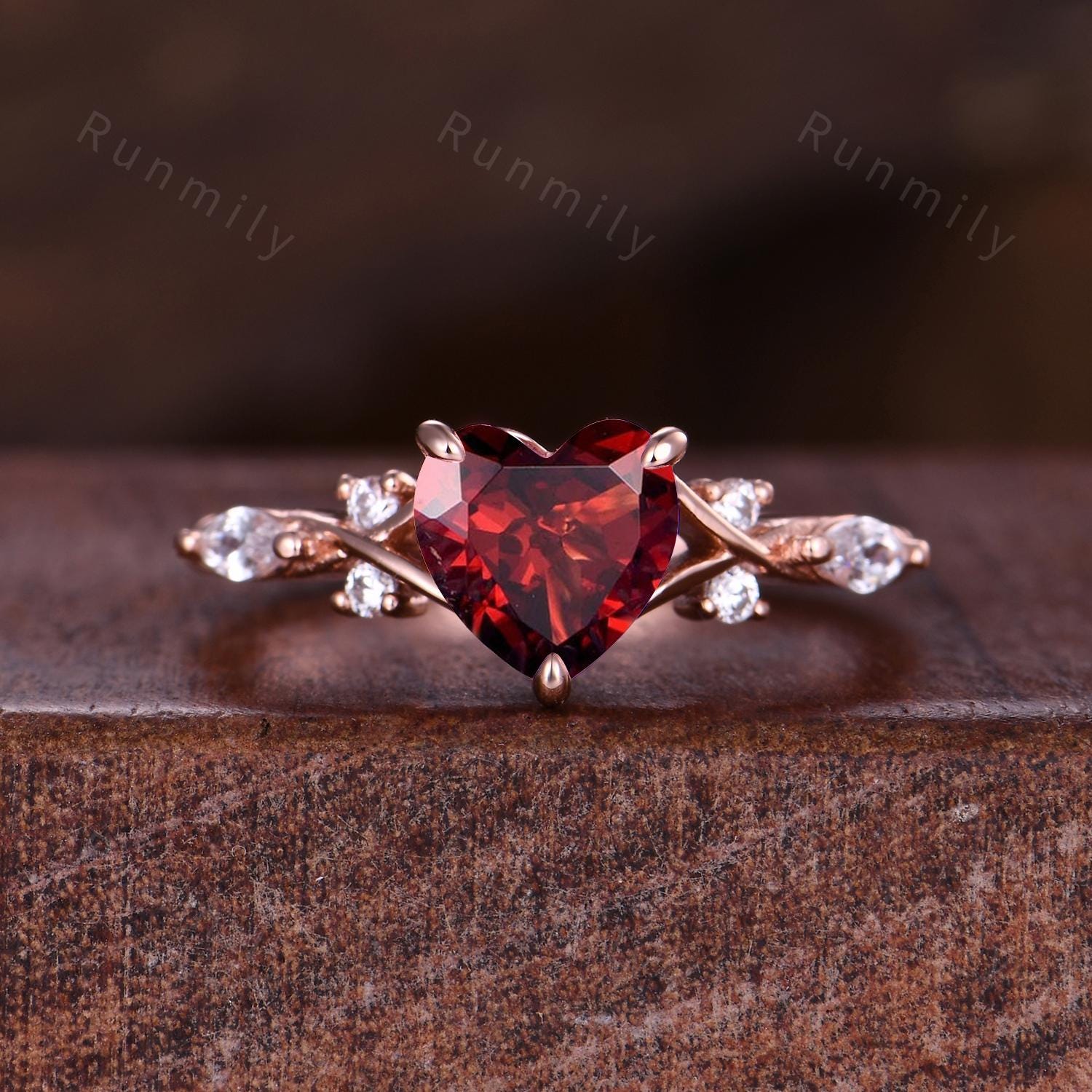 Twisted Split Garnet Engagement Ring, Rose Gold Heart Shaped Ring, Art Deco Seven Stone Ring, Moissanite Cluster Engagement Bridal Ring