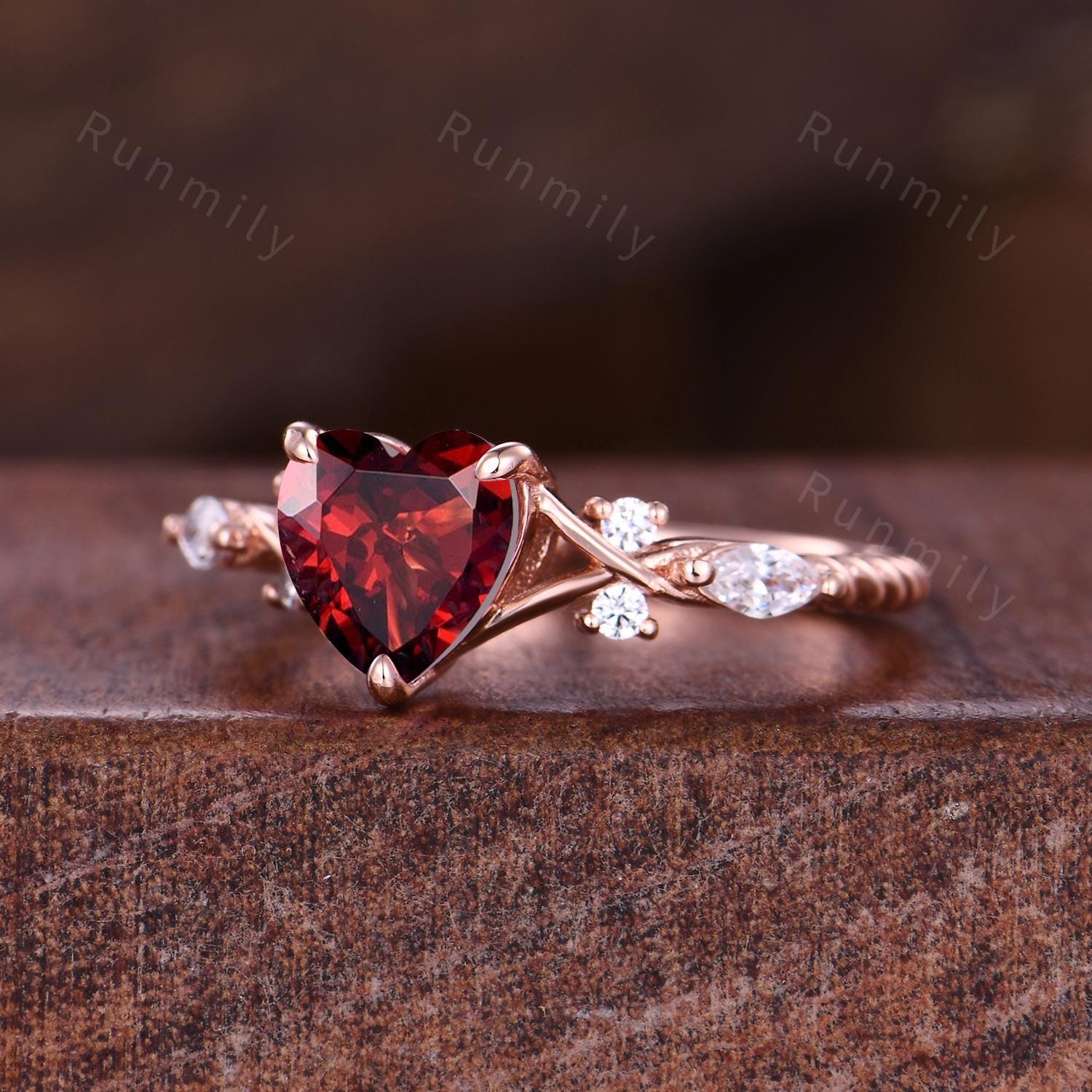 Twisted Split Garnet Engagement Ring, Rose Gold Heart Shaped Ring, Art Deco Seven Stone Ring, Moissanite Cluster Engagement Bridal Ring