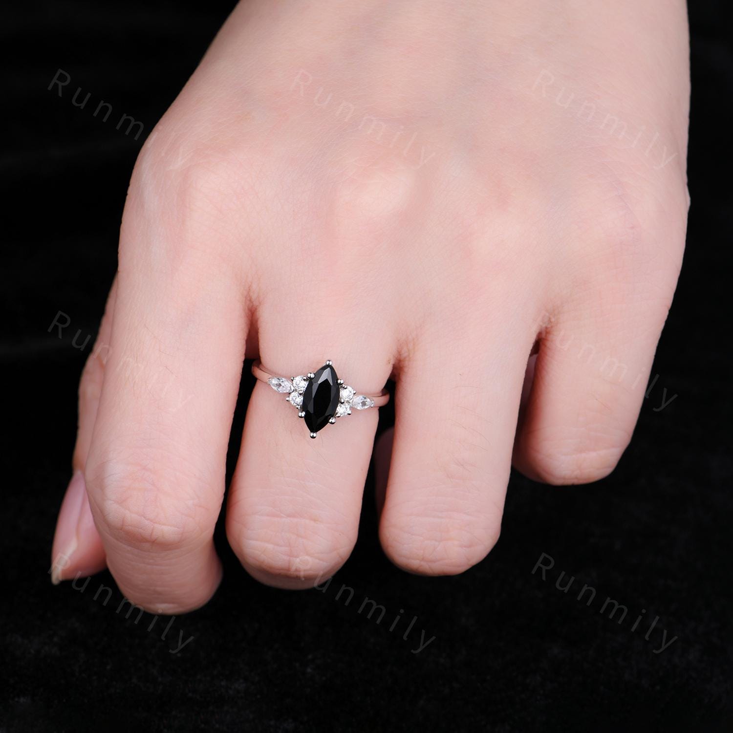 Vintage Marquise Cut Black Onyx Engagement Ring Women's Moissanite Cluster Wedding Ring Delicate 14k White Gold Gemstone Bridal Promise Ring